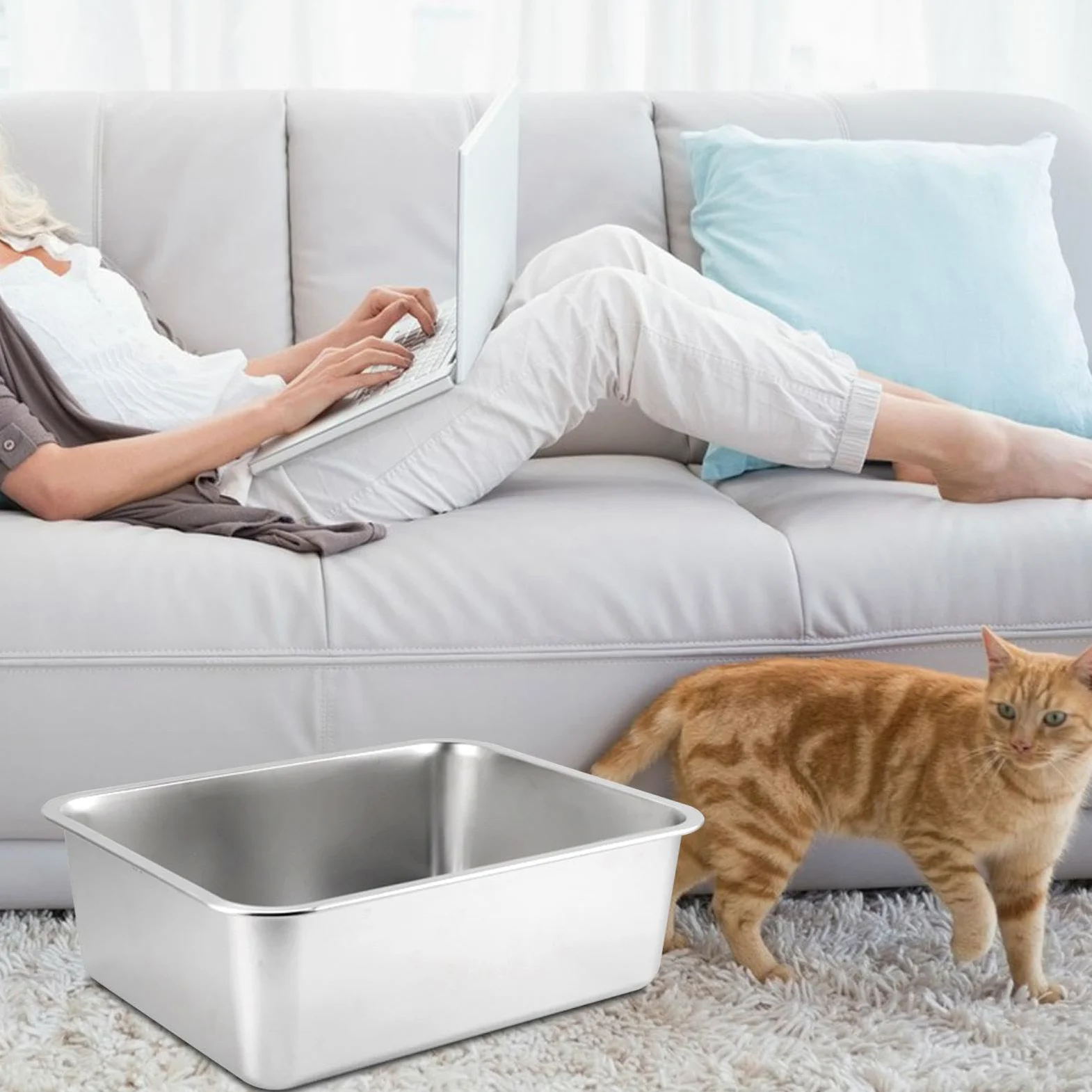 Lettiera per Gatti in Acciaio Inox con Lati Alti Multifunzionale antiruggine AntiGraffio con Bordo Liscio per, 40x30x15 cm
