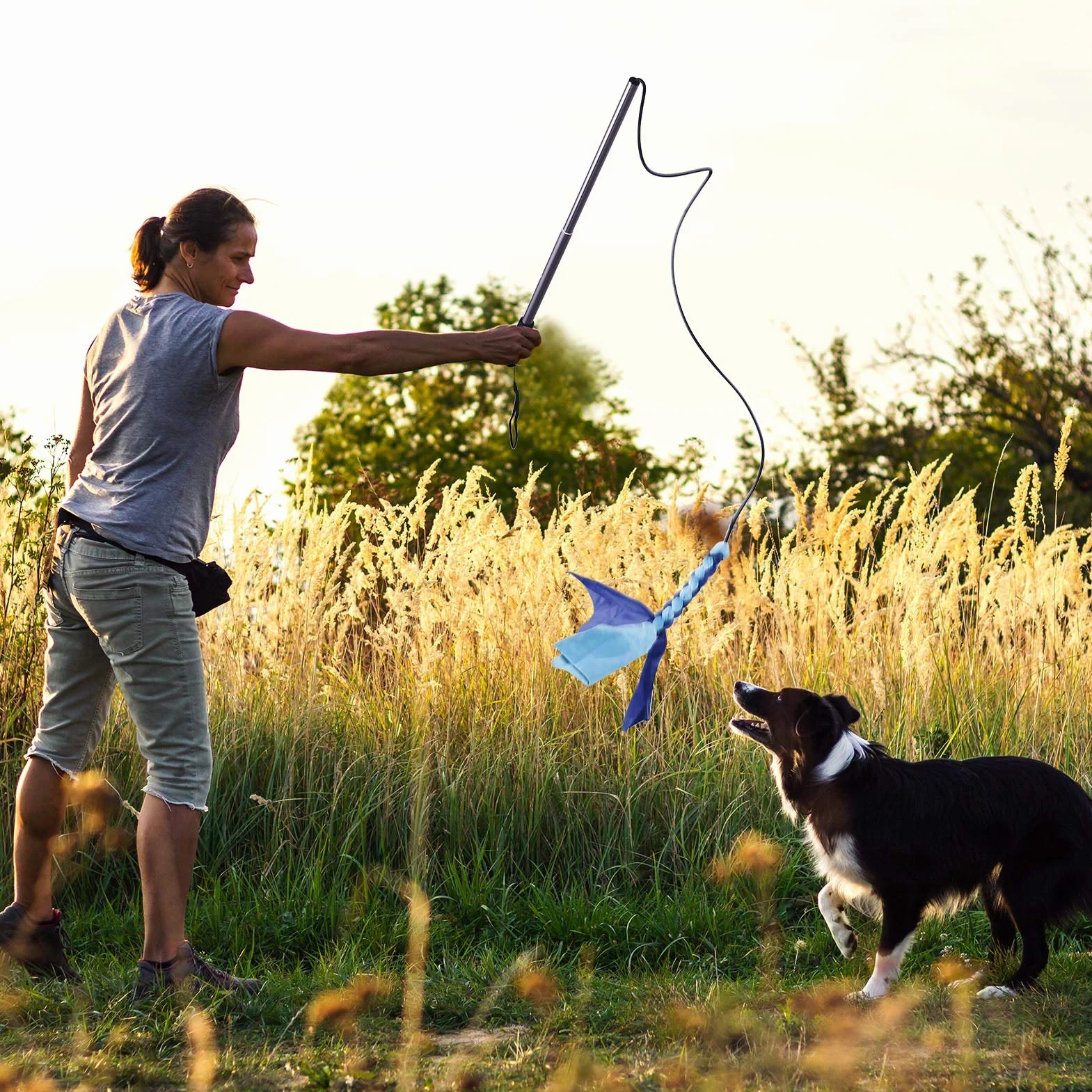 Auidy_6TXD Flirt Pole Cani, Giochi Giocattoli interattivi per cani retrattile con 2 giocattoli da masticare corda per masticare, allenamento