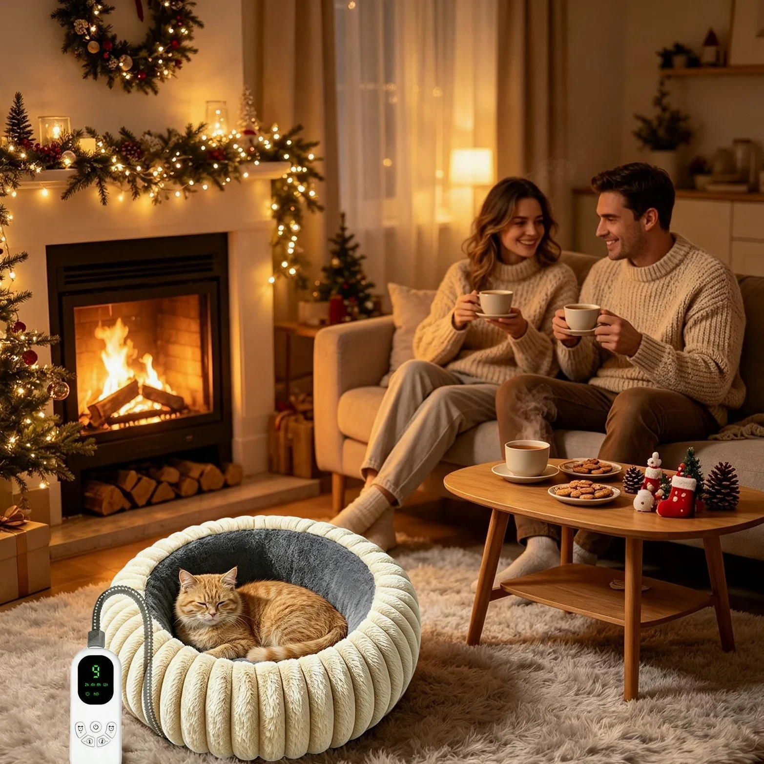 Cuccia Riscaldata Per Cani Cuscino Rotondo in Peluche con Timer e 9 Livelli | Tappetino Riscaldante Animali Interno Esterno Soggiorno Camera Ufficio Angolo Viaggio Famiglia