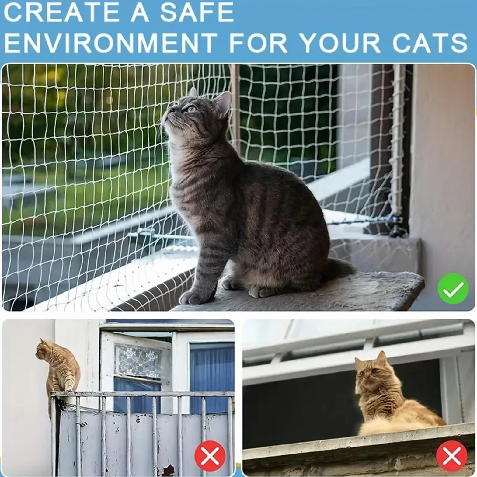 Rete Gatti, 4x3m Rete per Balcone Esterno, Rete Anti piccioni, con Rete Rinforzata - Installazione Senza Foratura, Resistente a Strappi/Morsi/Raggi UV - per Balconi Esterni, Scale, Finestre (6 x 3 m)
