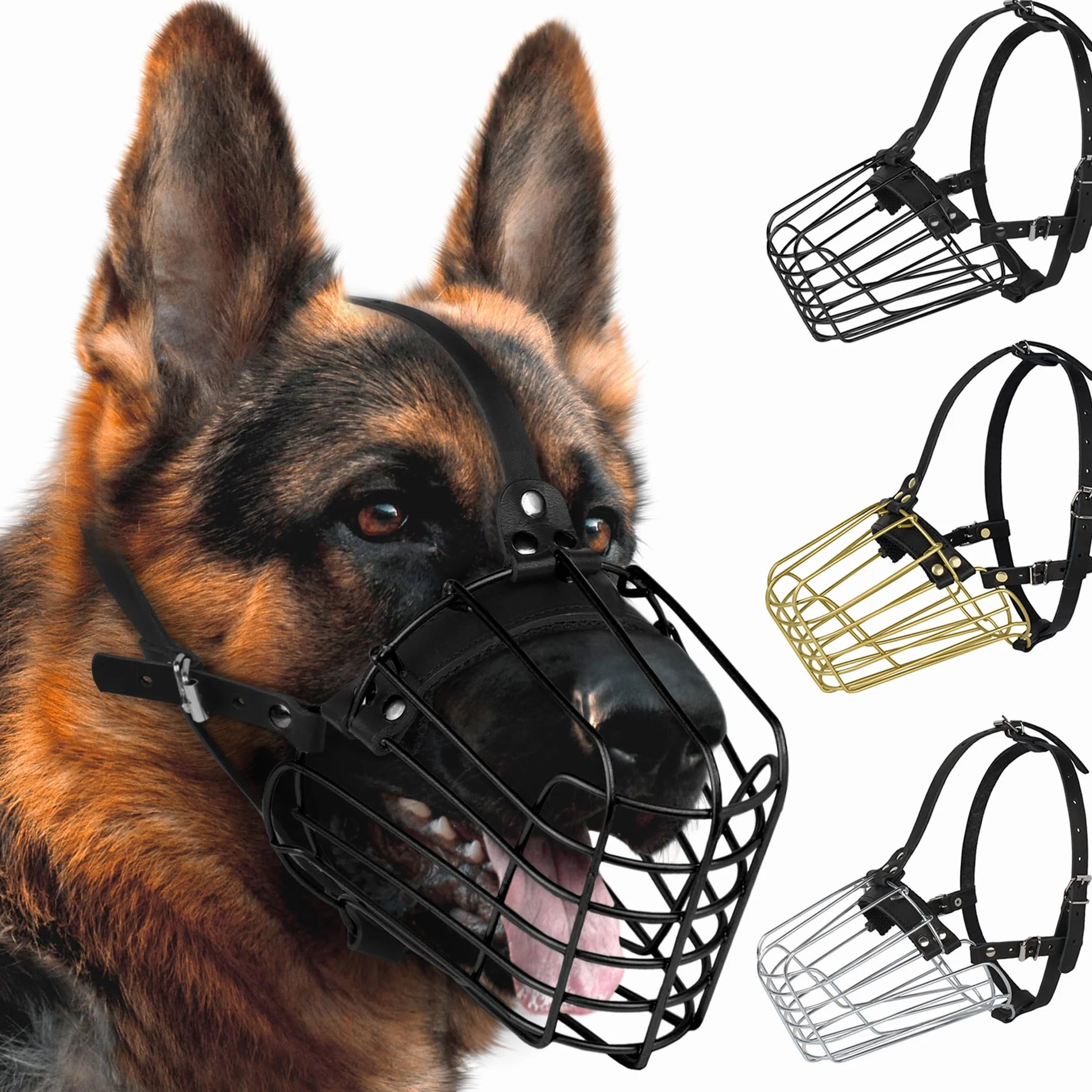Museruola per cane pastore tedesco in metallo durevole e regolabile con cinghia in pelle, maschera sicura per la masticazione