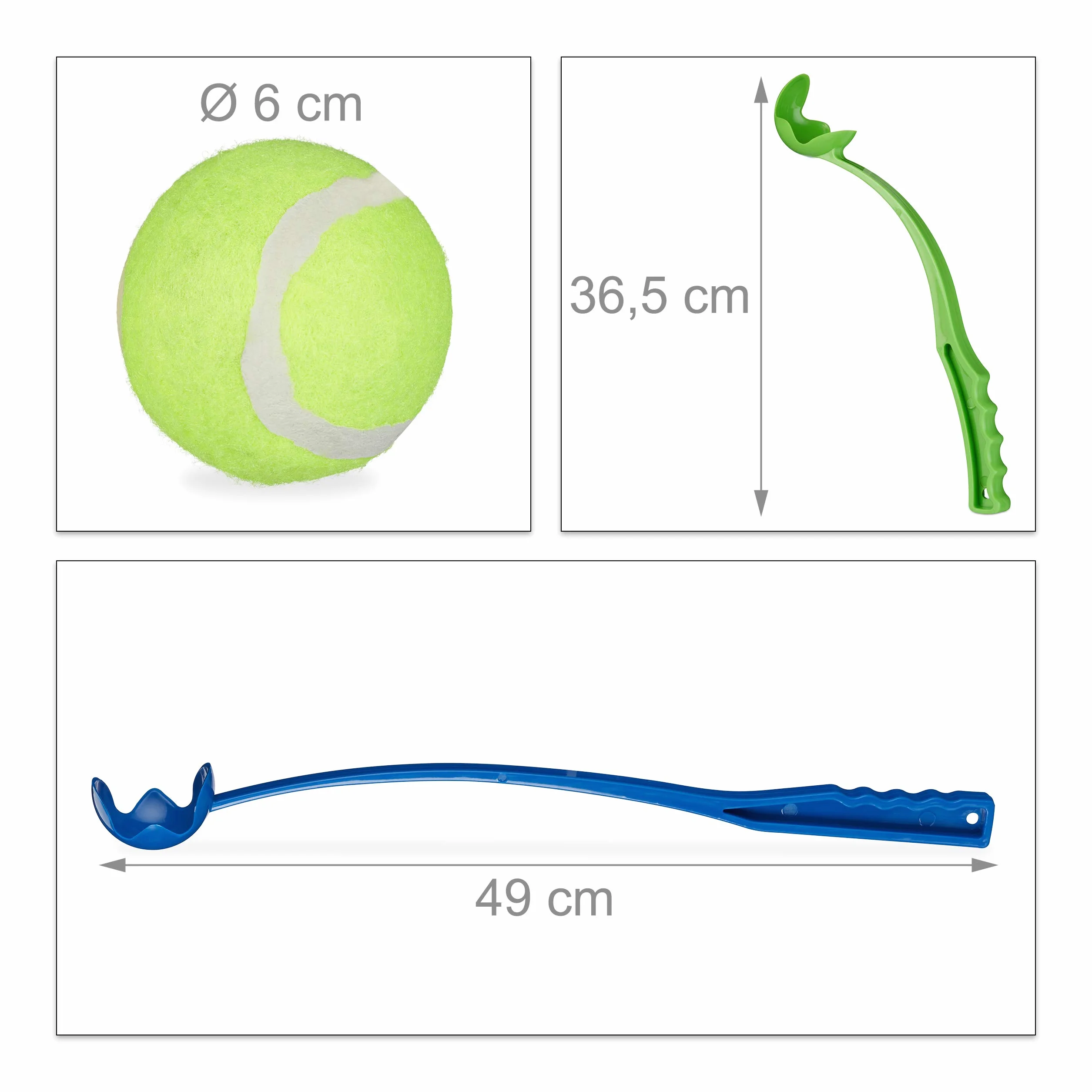 Relaxdays Lancia Palla per Cani, Set da 2 Giocattolo Ball Launcher per Animali Domestici, 5 Palline da Tennis, Blu Verde