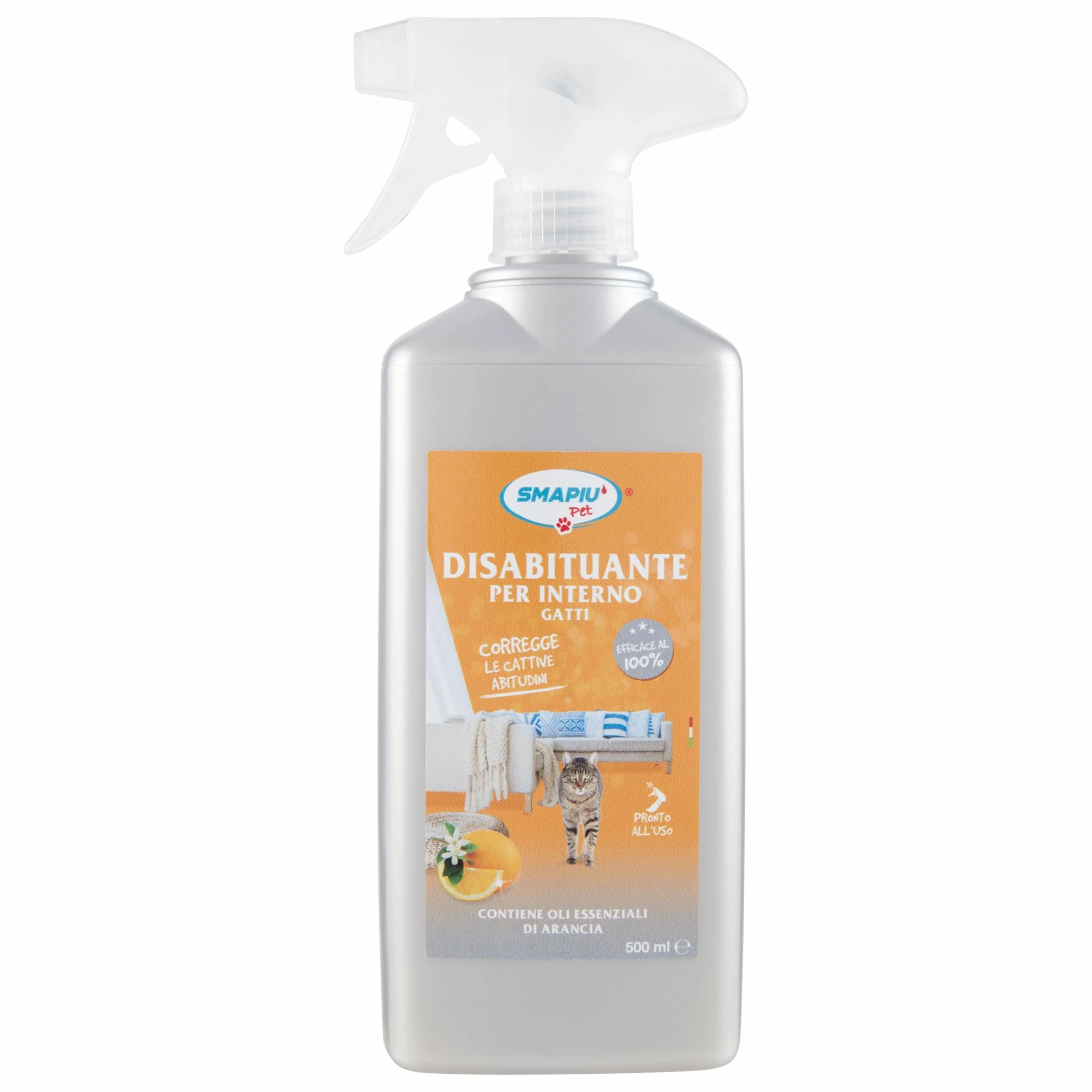 SMAPIU' Disabituante dissuasore Repellente Spray per Gatti da Interno Naturale con Oli di Arancia Anti pipì 500 ml Pronto all'Uso