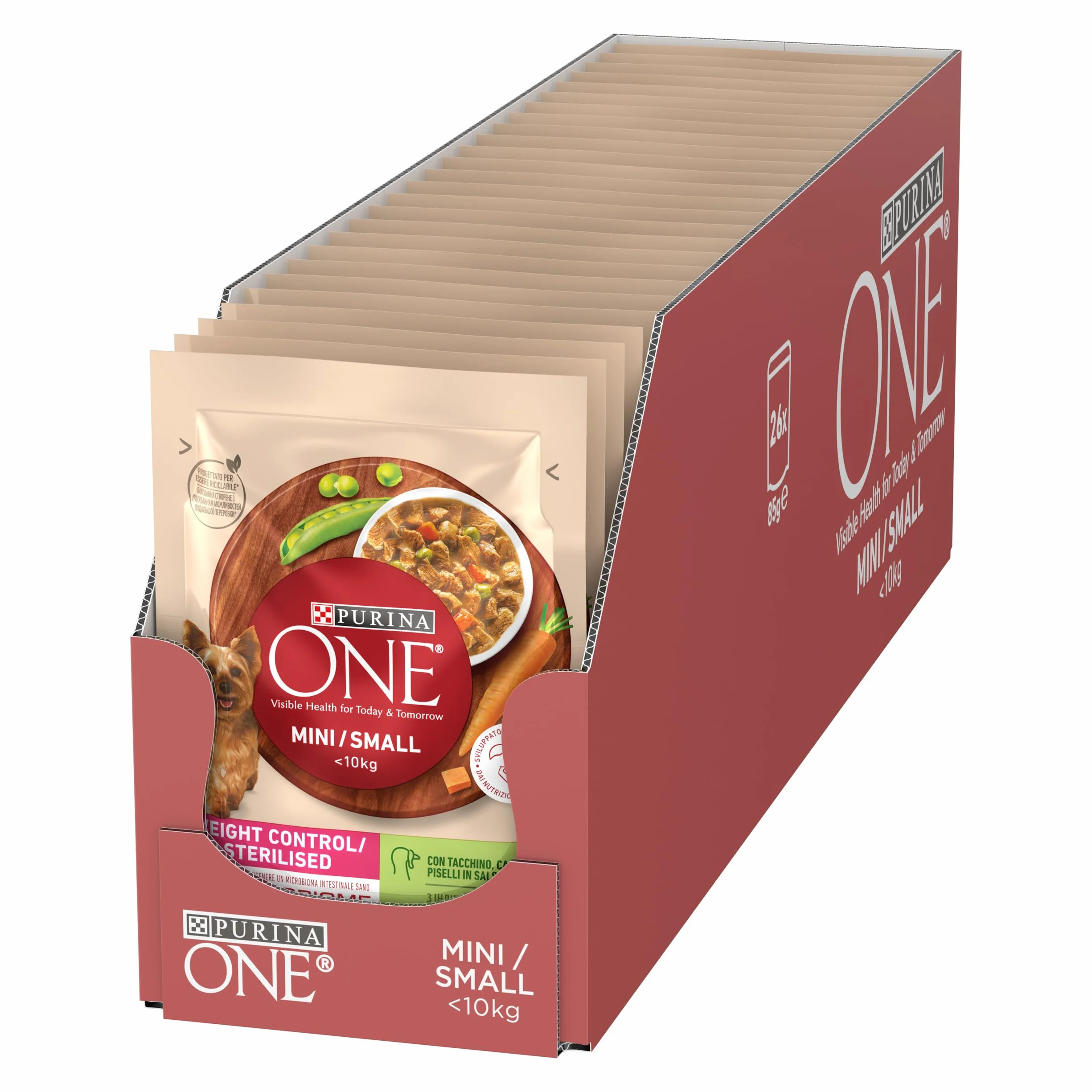 PURINA ONE Small&Mini < 10kg Controllo del peso Cibo Umido per Cani Adulti con Tacchino, Carote e Piselli 26 bustine da 85g