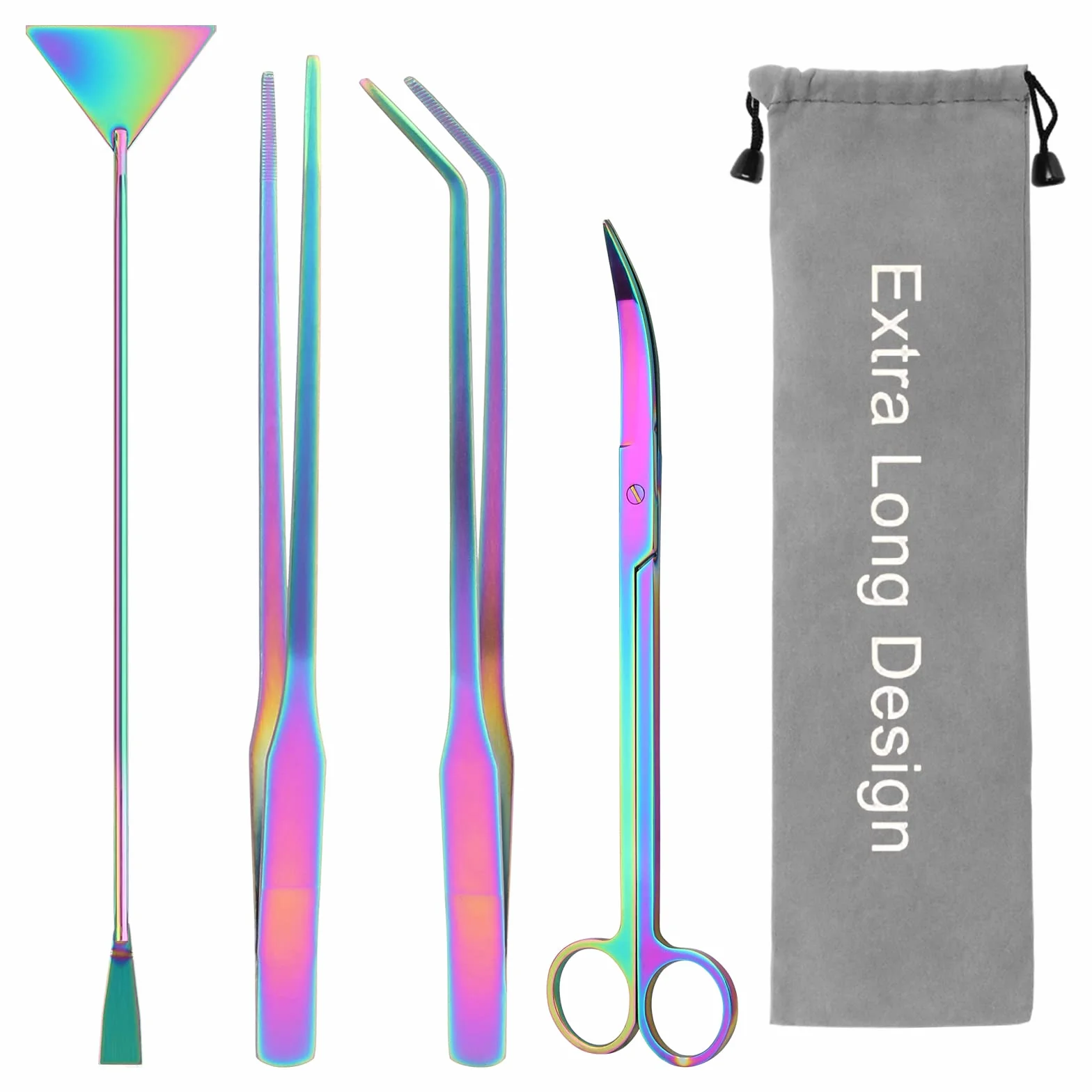 Kit extra lungo Aquascape per acquario, colorato, 4 in 1, strumento anti-ruggine, per piante acquatiche Aquascaping, forbici per acquario e acquario, set di strumenti per acquari