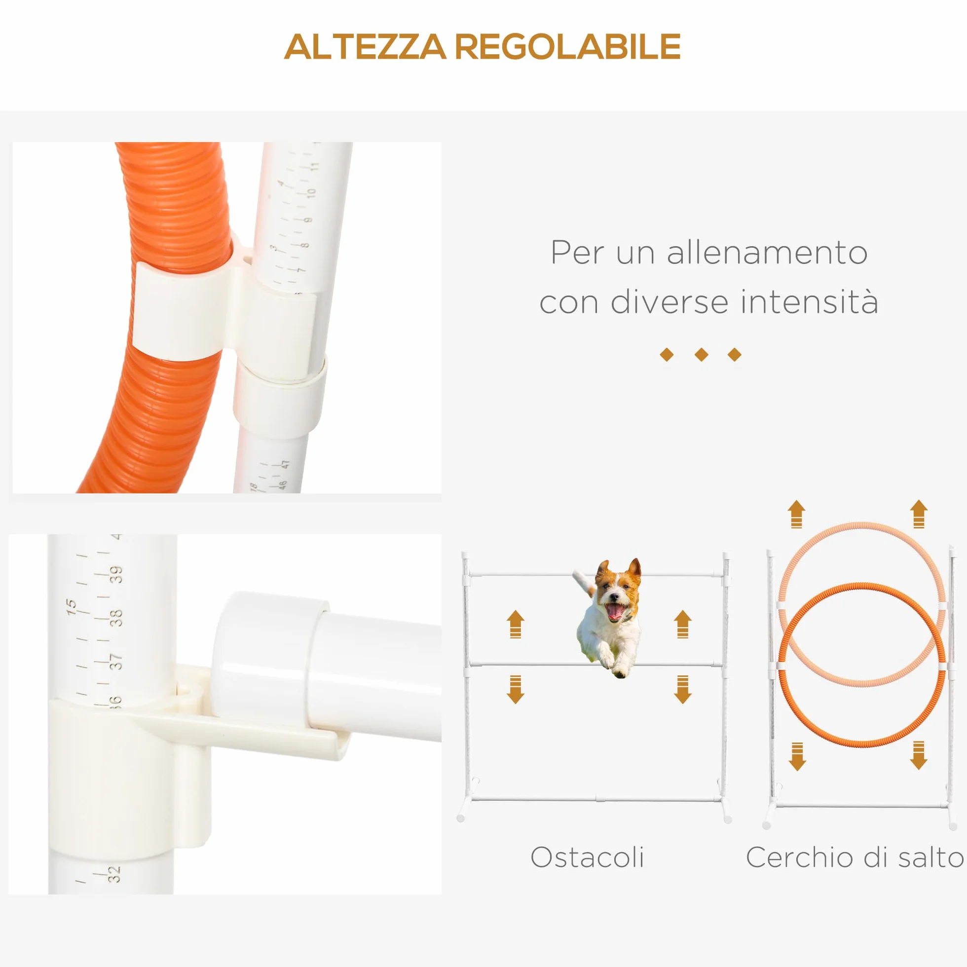 PawHut Set Agilty Dog 7 Pezzi con Fischietto, 2 Picchetti e 3 Sacchi di Sabbia, Percorso Agility Dog in Plastica e ABS con Borsa da Trasporto, 67x63x93 cm, Bianco Arancione Blu