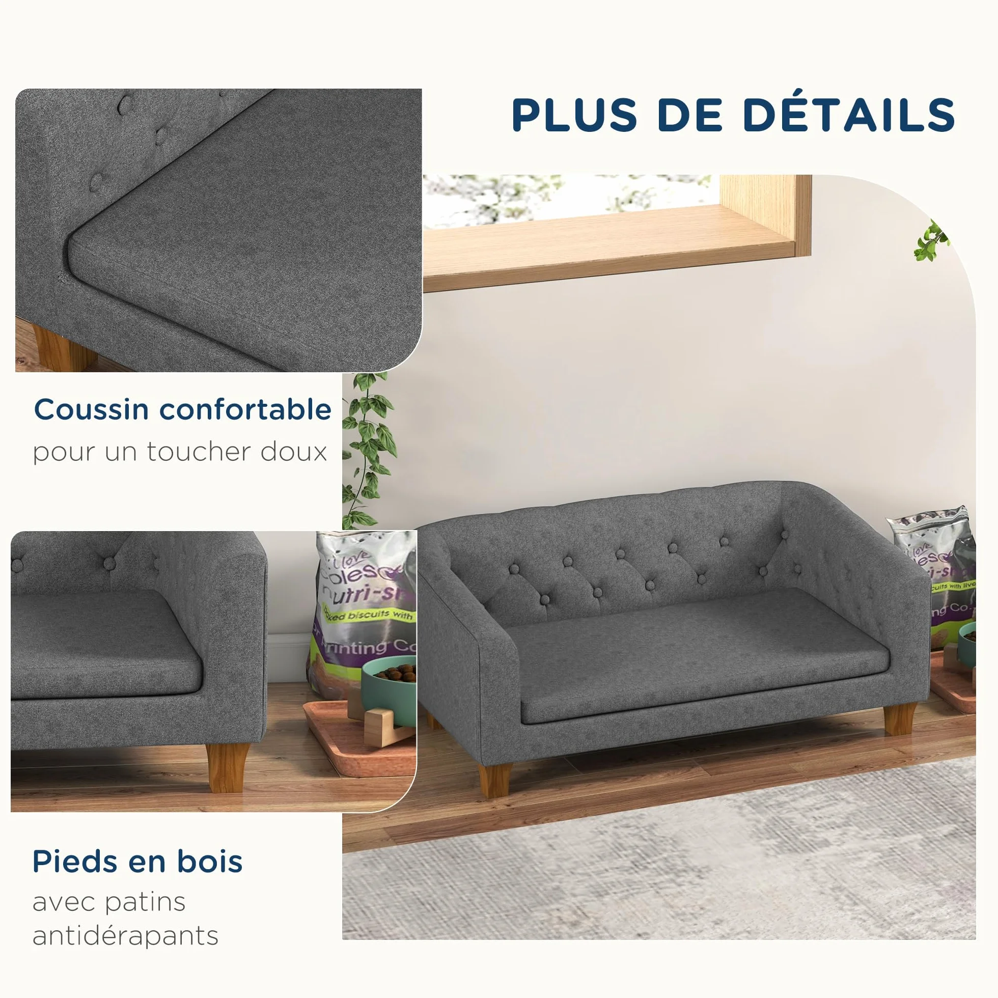 PawHut Divano per cani e gatti, divano rialzato per cani di piccole e medie dimensioni, con cuscino morbido rimovibile, installazione semplice, 96 x 60 x 42 cm, grigio