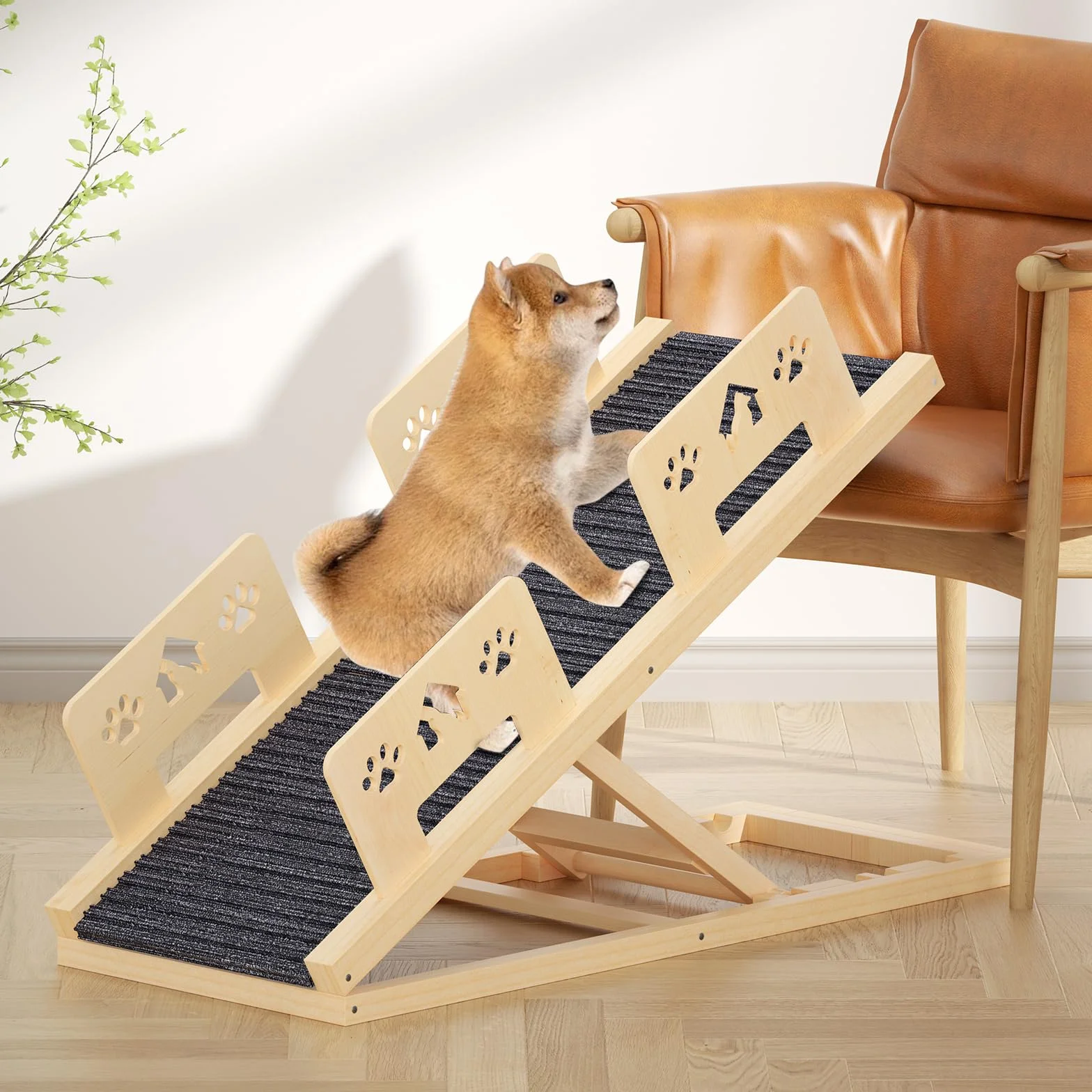 Rampa per cani con ringhiera di sicurezza, in legno, per letto, divano, auto, altezza regolabile 35-58 cm, con tappetino antiscivolo, rampa per cani fino a 60 kg