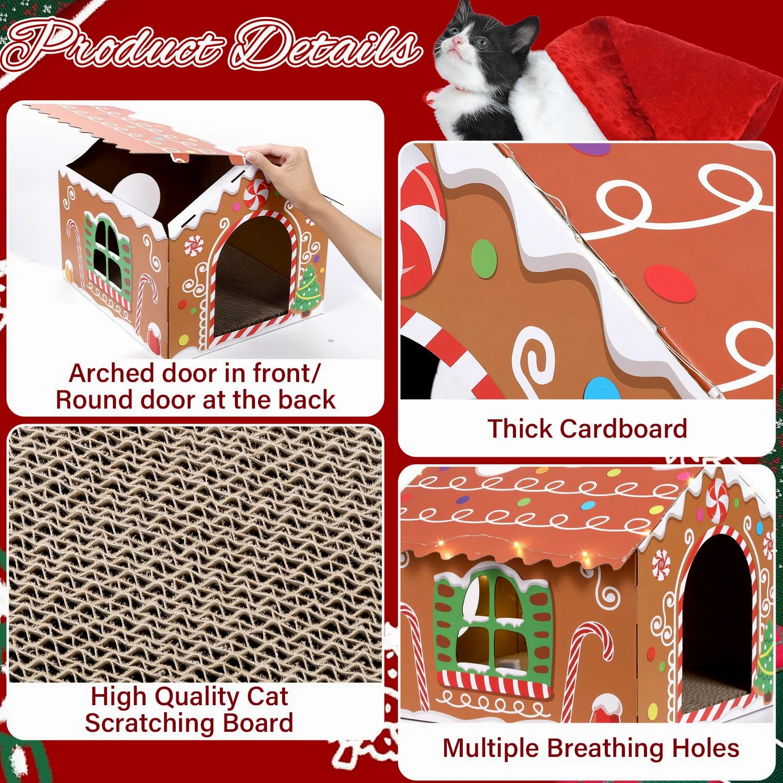 Casetta natalizia per gatti in cartone con luce a LED, tiragraffi con pan di zenzero, casetta per gatti di Natale, 39,9 x 34 x 32 cm, tiragraffi per gatti da interni