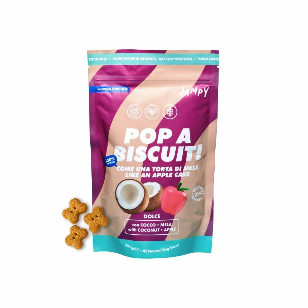 Jampy Biscotti per Cani Naturali Ipocalorici 5.5kcal. Snack Vegetali con Mela Yogurt Cocco. Premietti Digeribili Senza Additivi. Per Tutte le Taglie - 300g
