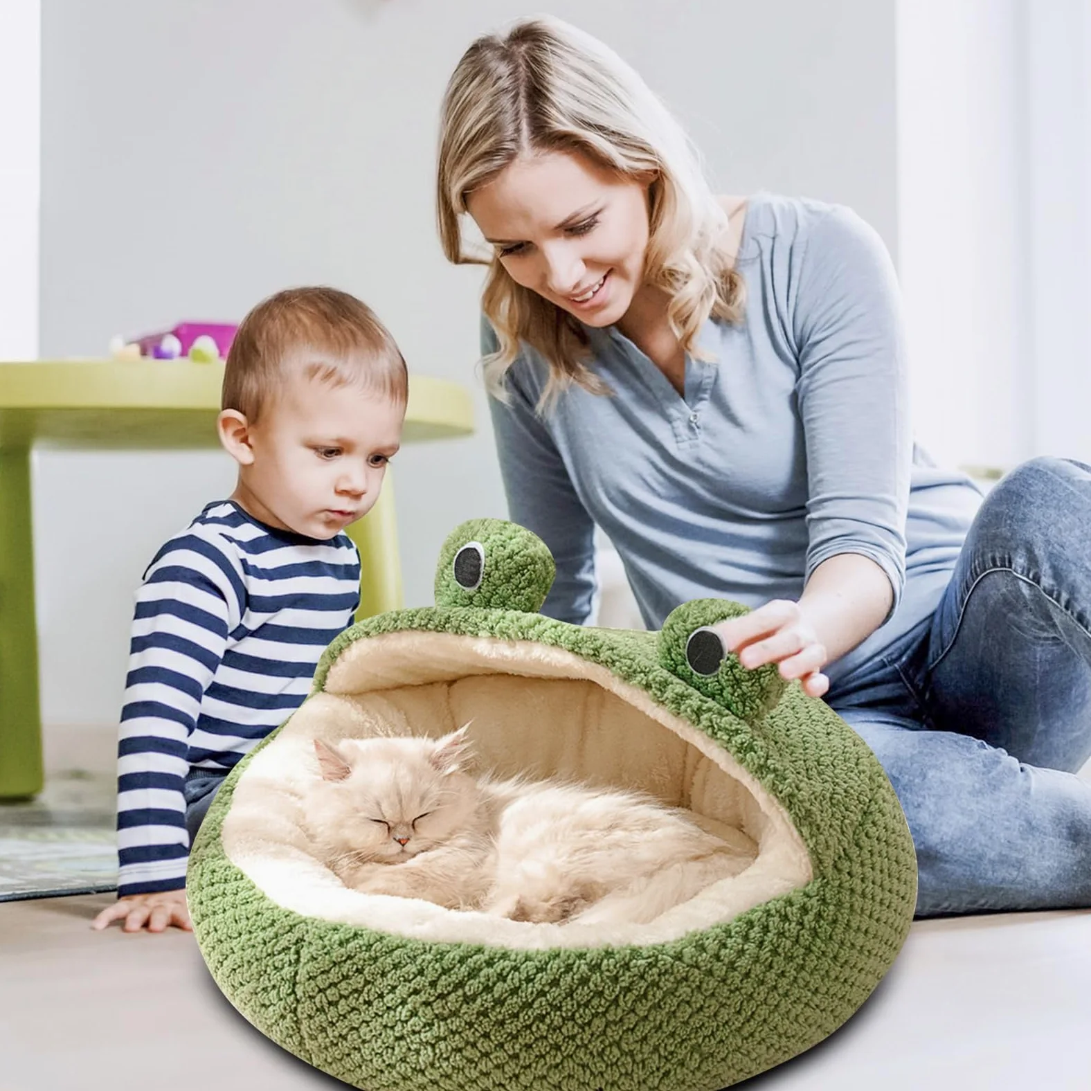 PETCUTE Cuccia da Interni per Gatti,Letto per Animali Domestici,Letto per Gatti con Cuscino Imbottito Rimovibile e Lavabile,Simpatica Forma di Rana,Cuccia per Gatto con Fondo Antiscivolo