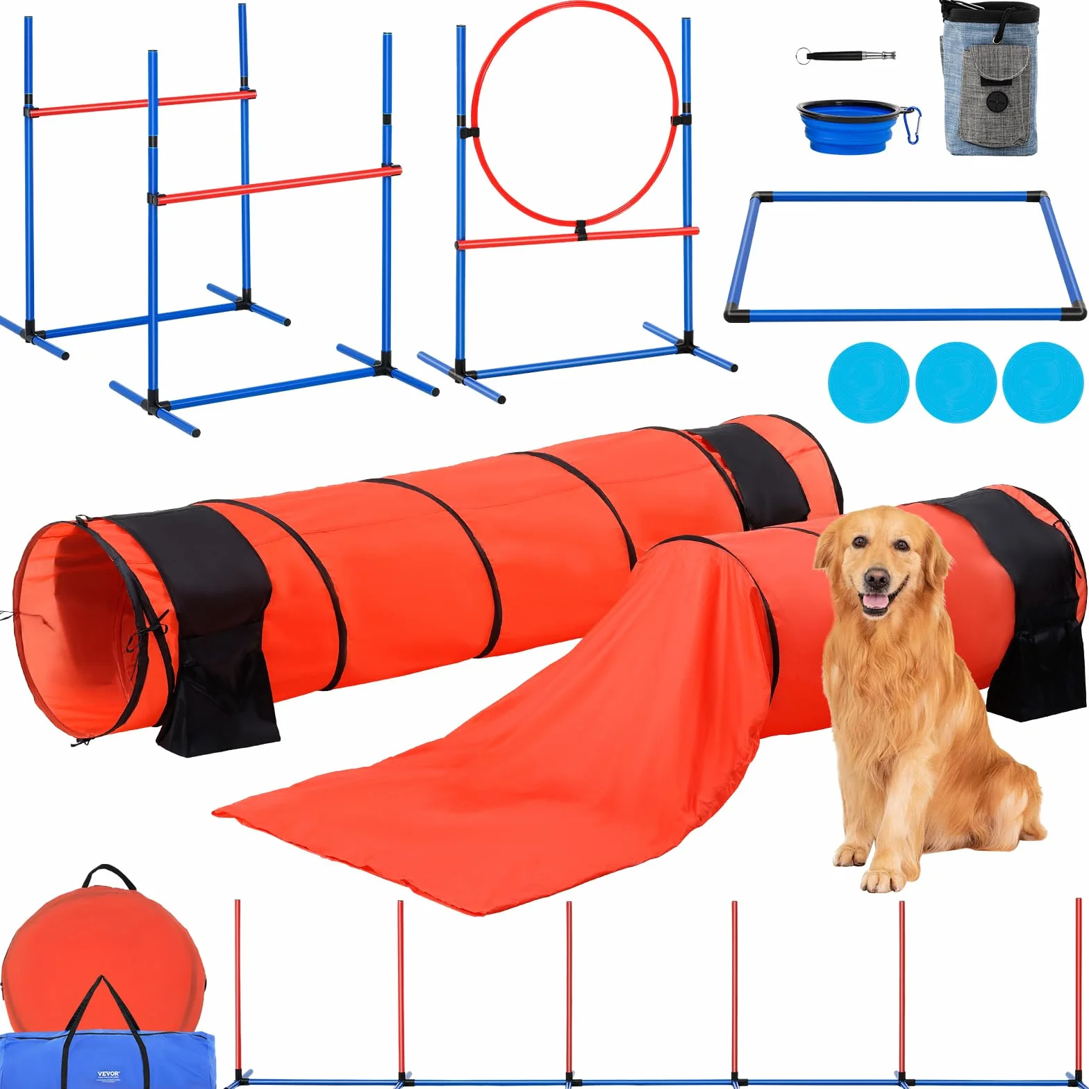 VEVOR Attrezzatura per Addestramento Agilità per Cani, Set 7 Pezzi, Percorso a Ostacoli per Cuccioli, Ostacoli Altezza Regolabile, 6 Pali, 2 Tunnel, Anello Salto, Scatola Pausa, 3 Frisbee, Fischietto