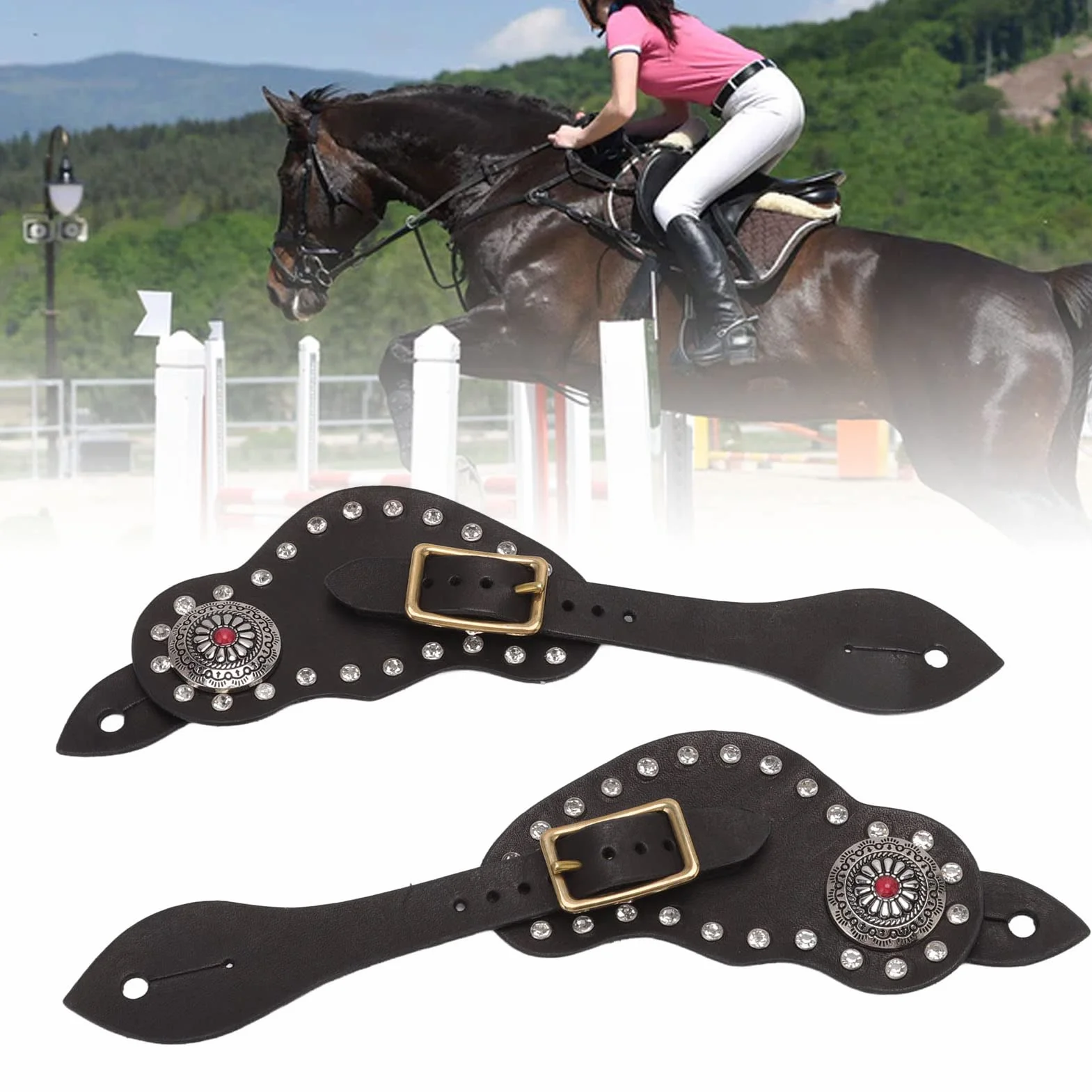 Fockety Cinghie di speroni, 9.8in Pelle di Mucca Robusto Durevole Chiusura in Metallo Lunghezza Regolabile Occidentale Spur Strap Western Vintage Spur Straps Western Womens