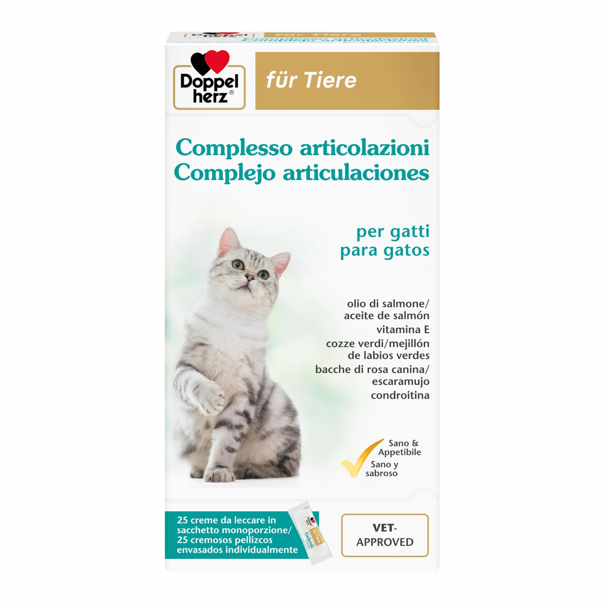 Doppelherz Complesso Articolazioni per Gatti, Supporto al Metabolismo Articolare in Caso di Osteoartrite, acidi grassi Omega-3, vitamine E e A, 25 Creme da Leccare