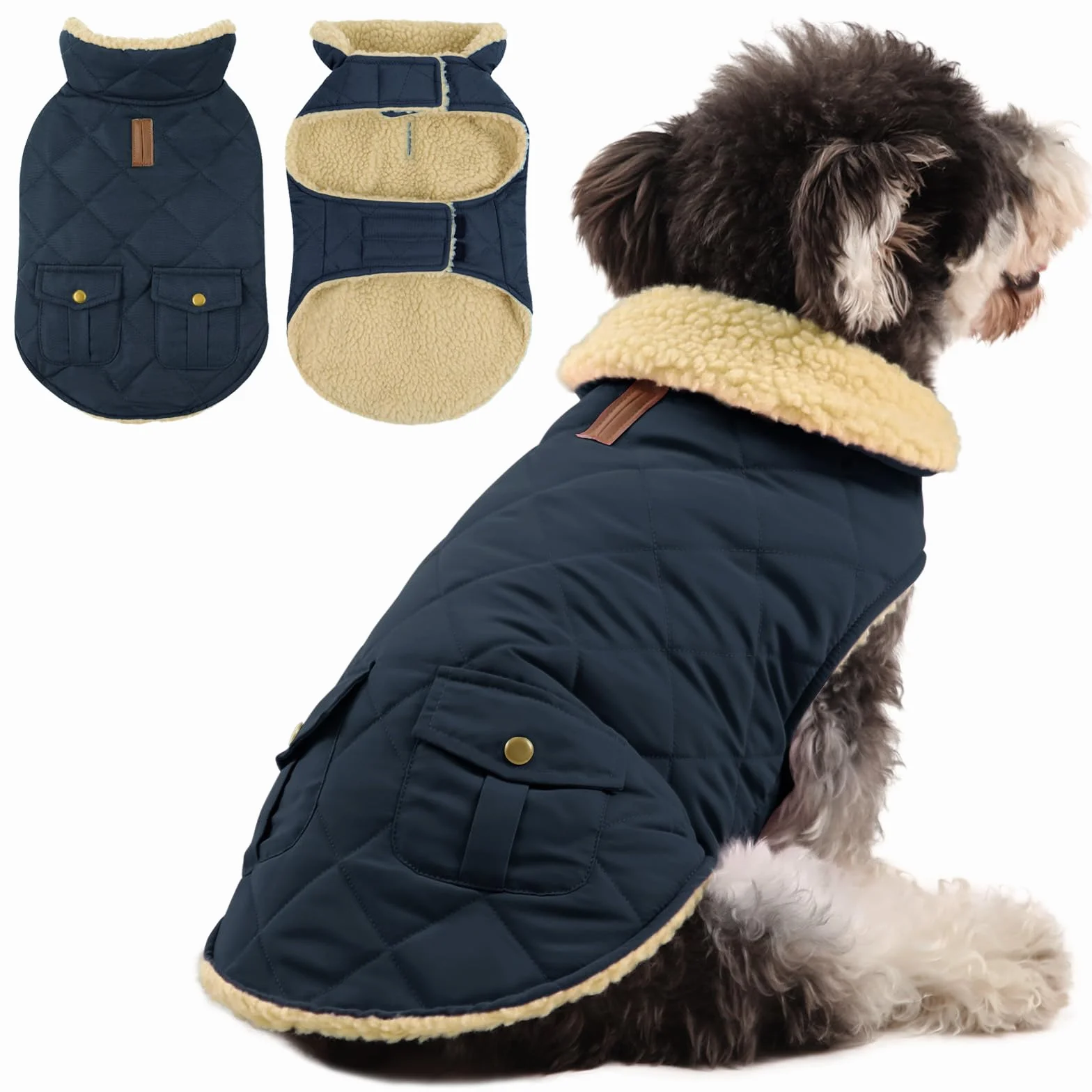 Queenmore Cappottino Cane Taglia Piccola Cappotto Cane Caldo Cappotto Impermeabile Per Cani Giubbotto Invernale Pile Vestiti Per Cani Bassotto Bulldog Francese Chihuahua, Blu, XS
