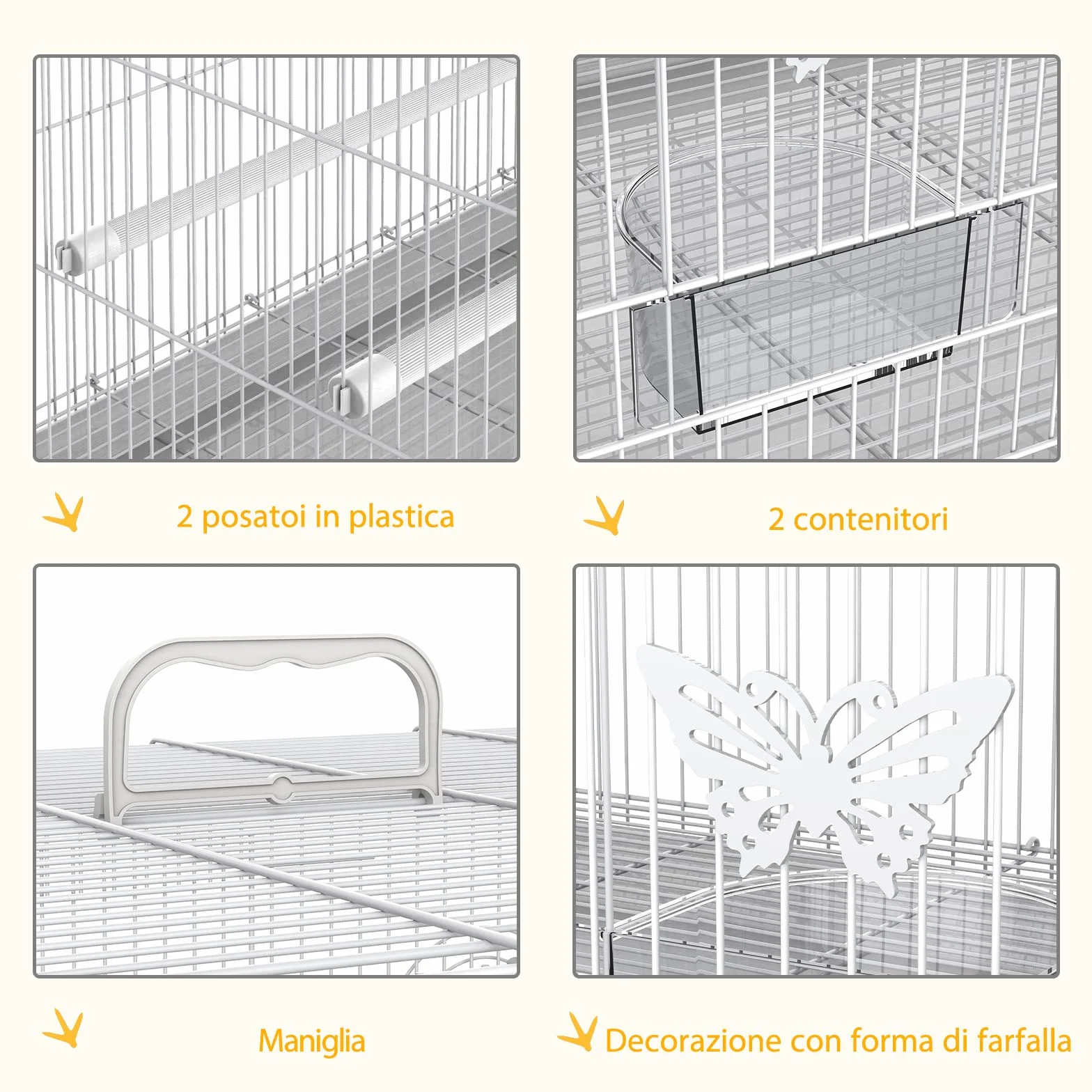 PawHut Gabbia per Uccelli in Metallo con Posatoi e Ciotole per Cibo, Voliera per Canarini e Pappagallini 60x41x41cm, Bianco