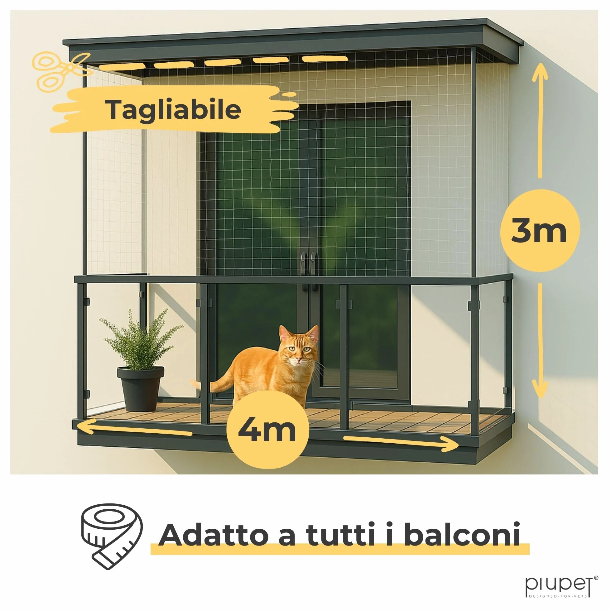 PiuPet® Rete per Gatti I Trasparente I 4x3m I Incl. Corda di Fissaggio I Rete per Gatti Balcone Trasparente I Rete Balcone per Gatti | Rete Protezione Balcone e Finestra per Gatti