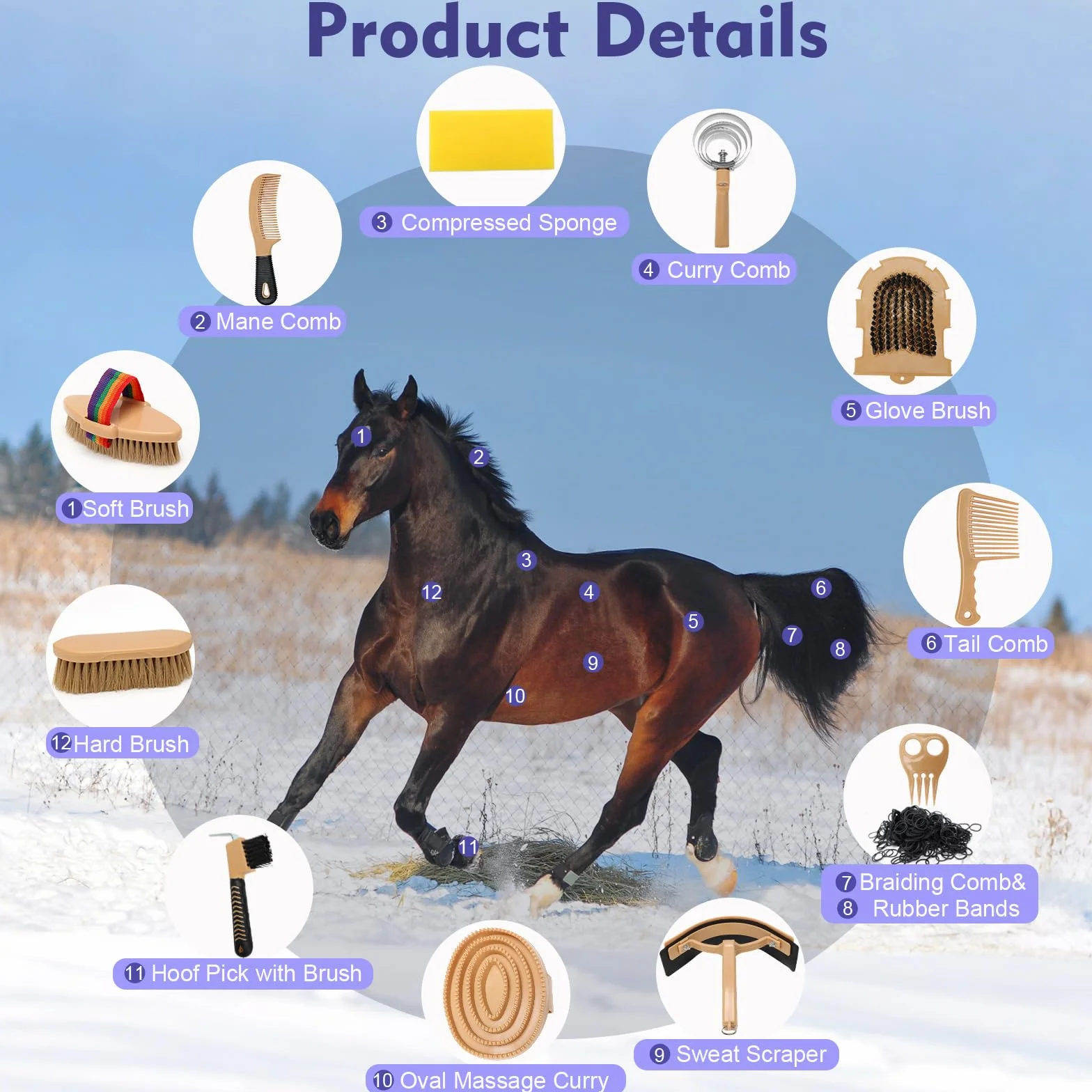 Kit per la toelettatura del cavallo da 13 pezzi con 12 accessori e 1 borsa portaoggetti, Serie Horse Care, Giallo, Spazzole per cavalli, Spazzole in setola, Toelettatura del cavallo