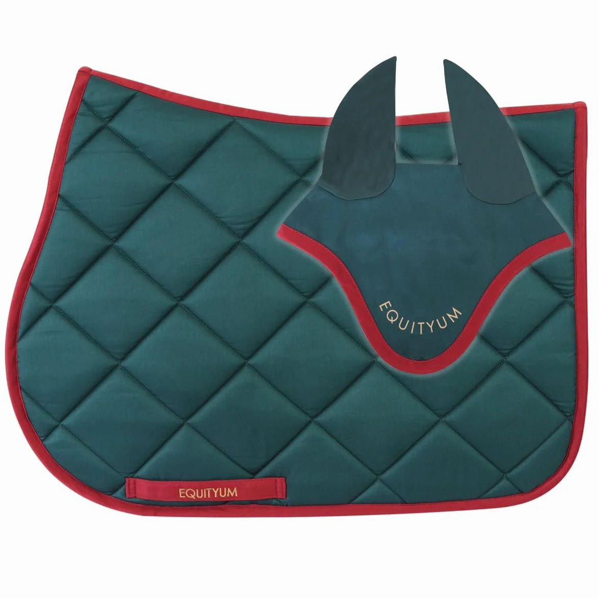 Sottosella+Cuffietta Logo Equityum Sally, Alta Qualità, Design Italiano, Materiali Innovativi, Traspirabilità e Dettagli Raffinati per il Comfort del Cavallo (verde/rosso, full)