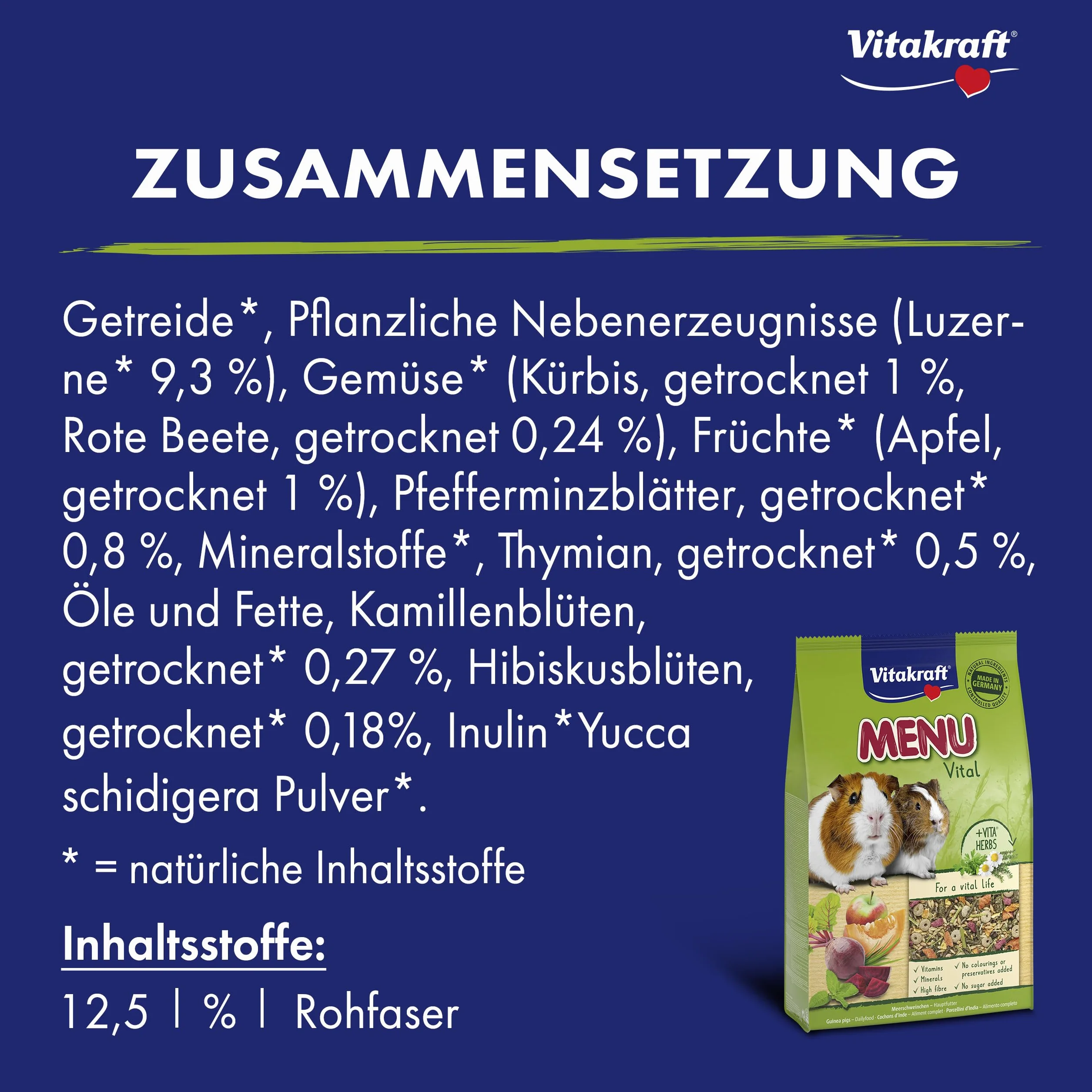 Vitakraft Menü Vital, alimento completo per porcellini d'India, con mela, con zucca, con barbabietola rossa, arricchito con erbe aromatiche, senza l'aggiunta di zuccheri e cereali (1x 5kg)