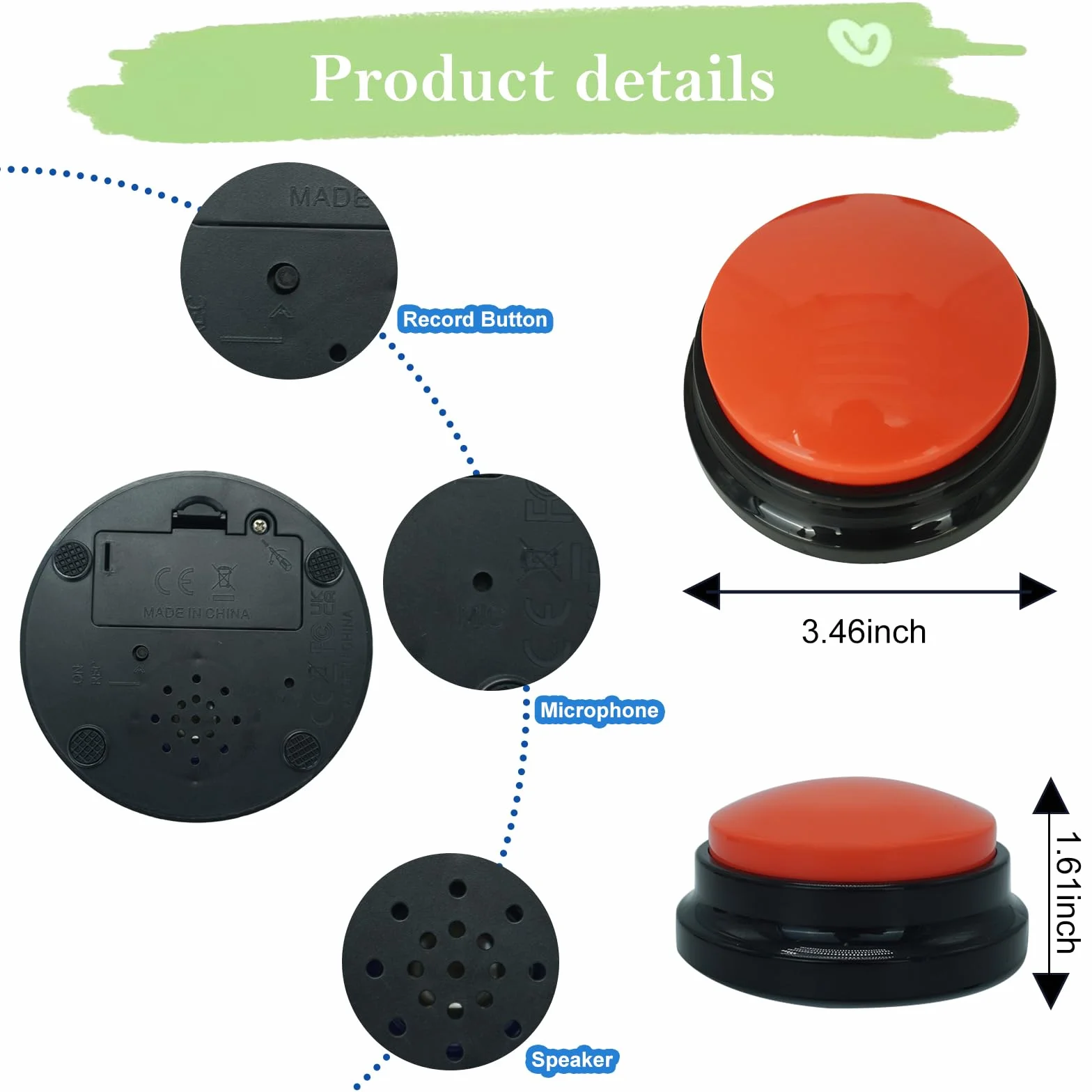 Gelabur Set di 2 pulsanti per comunicazione, registrabili vocalmente, per l'addestramento del cane, per imparare a parlare, per animali domestici, strumenti per parlare facilmente