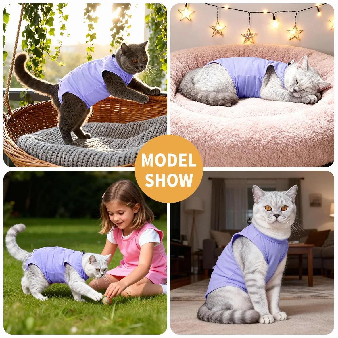 Body Gatto Post Operatorio Tuta Recupero Chirurgico Anti-Leccare Alternative al Collare Elisabettiano Vestito Post Sterilizzazione per Ferite Addominali (Viola, S)
