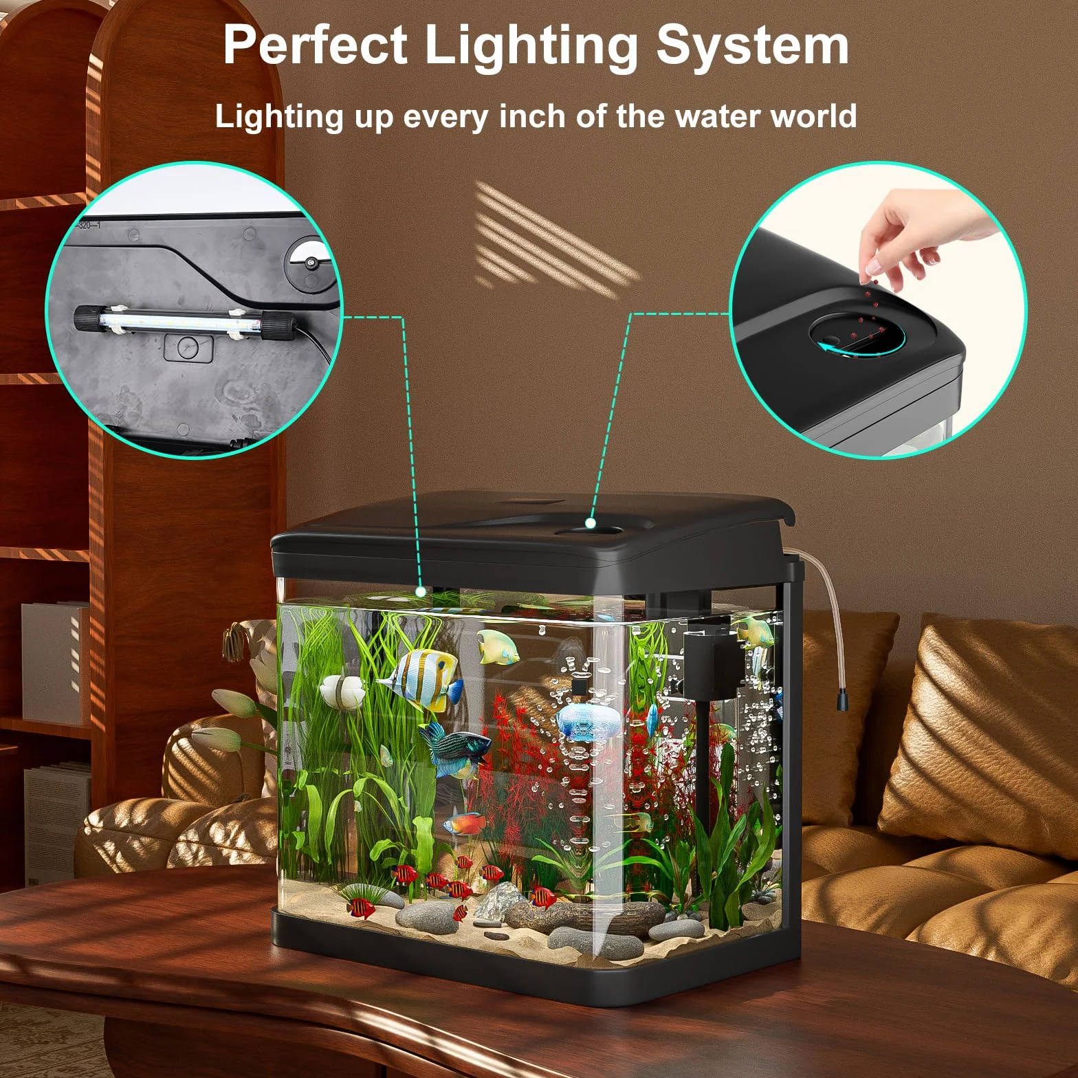 Acquario Piccolo in Vetro, GuKKK Completo Acquarios Per Pesci Rossi Tartarughe D'acqua con Illuminazione a LED e Sistema di Filtraggio,Nero,Set Per Principianti Mini Acquario Completo (10L)