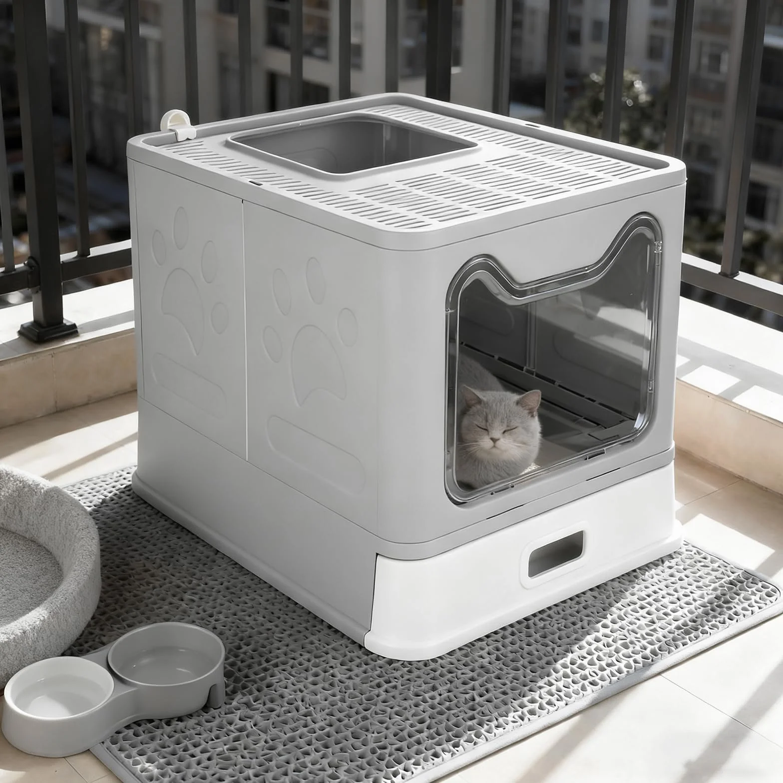 OHMG Lettiera per Gatti, Chiusa, Casa di Toilette in Acciaio Inox, Vassoio Rimovibile, Paletta, per Gatti Grandi, Capacità di Carico 15 kg, Anti-tracce, Anti-perdite