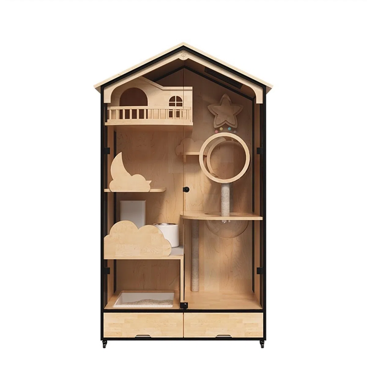 Casa del Gatto Villa for Gatti in Legno di Gomma Vetro panoramico Spazio Extra Large Gabbia for Gatti casa di Lusso a Tre Piani casa for Gatti casa for Gatti Gabbia per Gatti