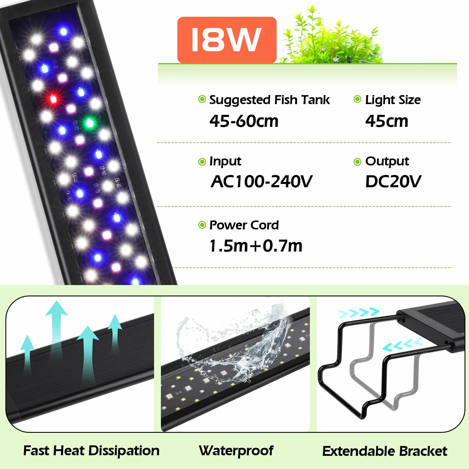 HYGGER Illuminazione per Acquario, Lampada Led per Acquario con 9 Colori e 10 Luminosità Regolabili per Acquari da 45-60cm