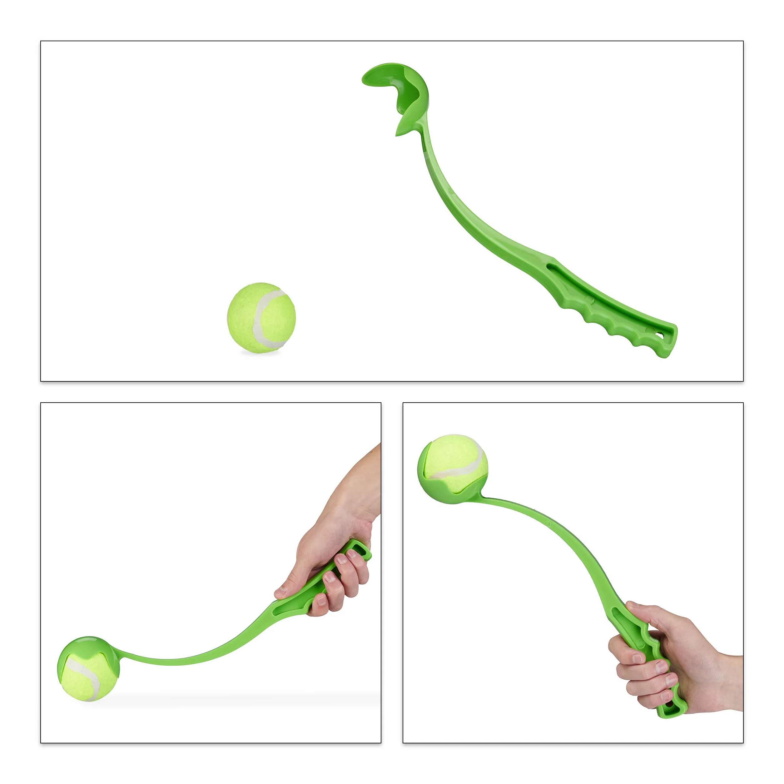 Relaxdays Lancia Palla per Cani, Set da 2 Giocattolo Ball Launcher per Animali Domestici, 5 Palline da Tennis, Blu Verde