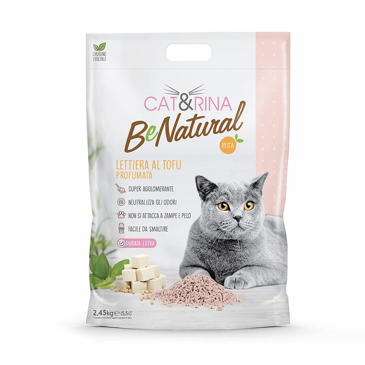 Cat&Rina BeNatural, lettiera per gatti al tofu agglomerante di origine vegetale. Fino a 30 giorni di utilizzo. Si smaltisce nell'organico o nel wc. alla Pesca.