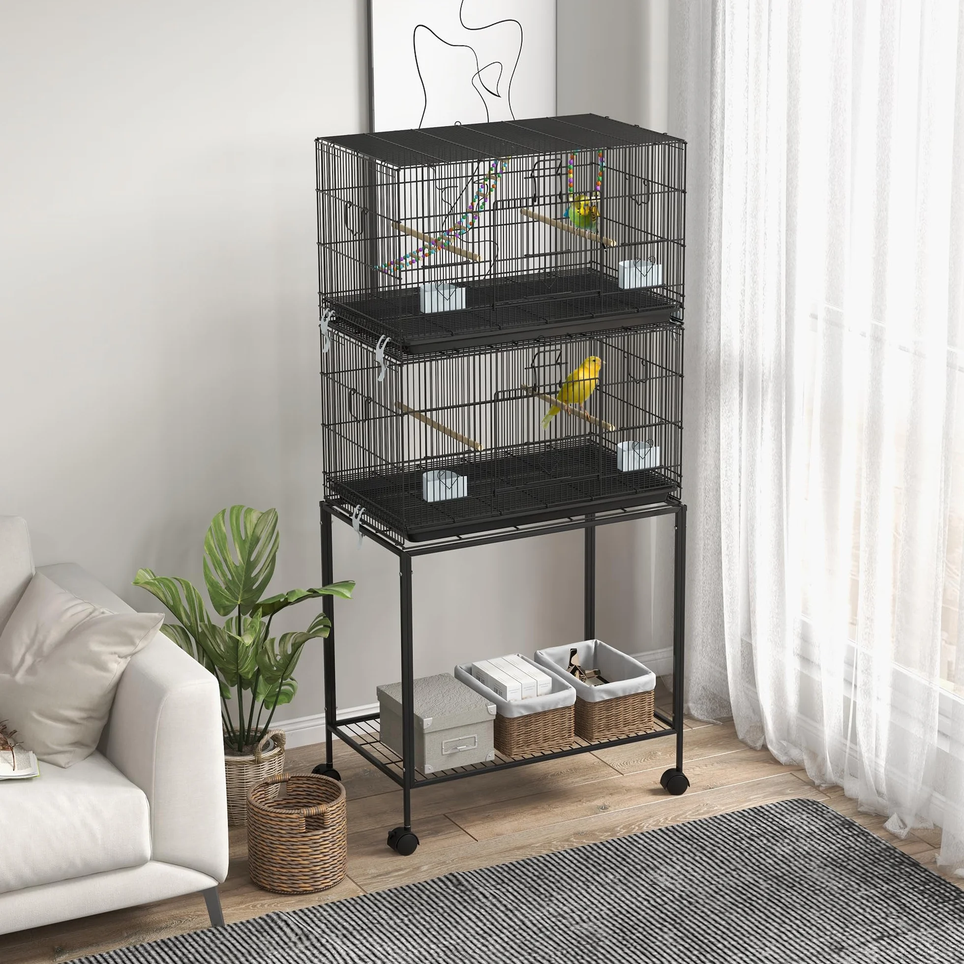 PawHut Gabbia per Uccelli in Acciaio e PP, Design Impilato con Posatoi, Altalene e Scalette, 77x46x164 cm, Nero