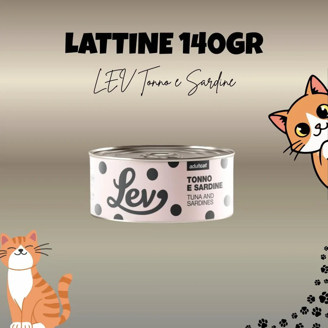 LEV Gatto Lattine per Gatti, lattine complementari per gatti adulti di tutte le taglie e razze, N. LEV TONNO E SARDINE 140 GR, 12 lattine da 140 grammi, 12x140gr.
