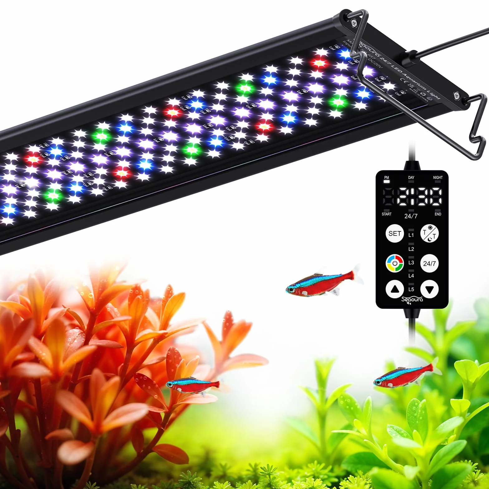 SEAOURA Luce per Acquario LED a Spettro Completo con Timer, 8 Colori, 20 Luminosità, 45-60cm