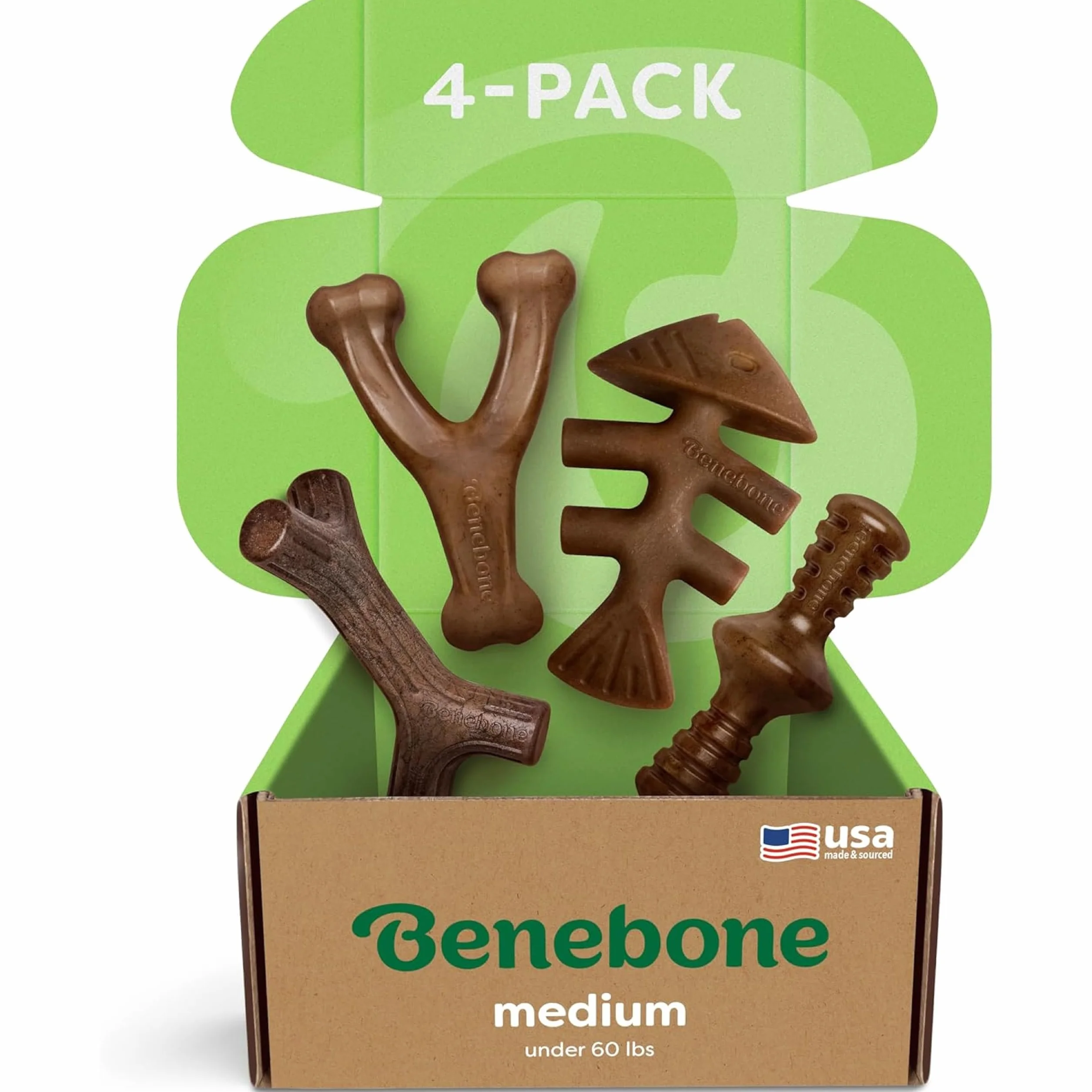 Benebone Durable Dog Chew Toy Box for aggressive Chewers with Wishbone, Fishbone, Stick & Zaggler, Medium