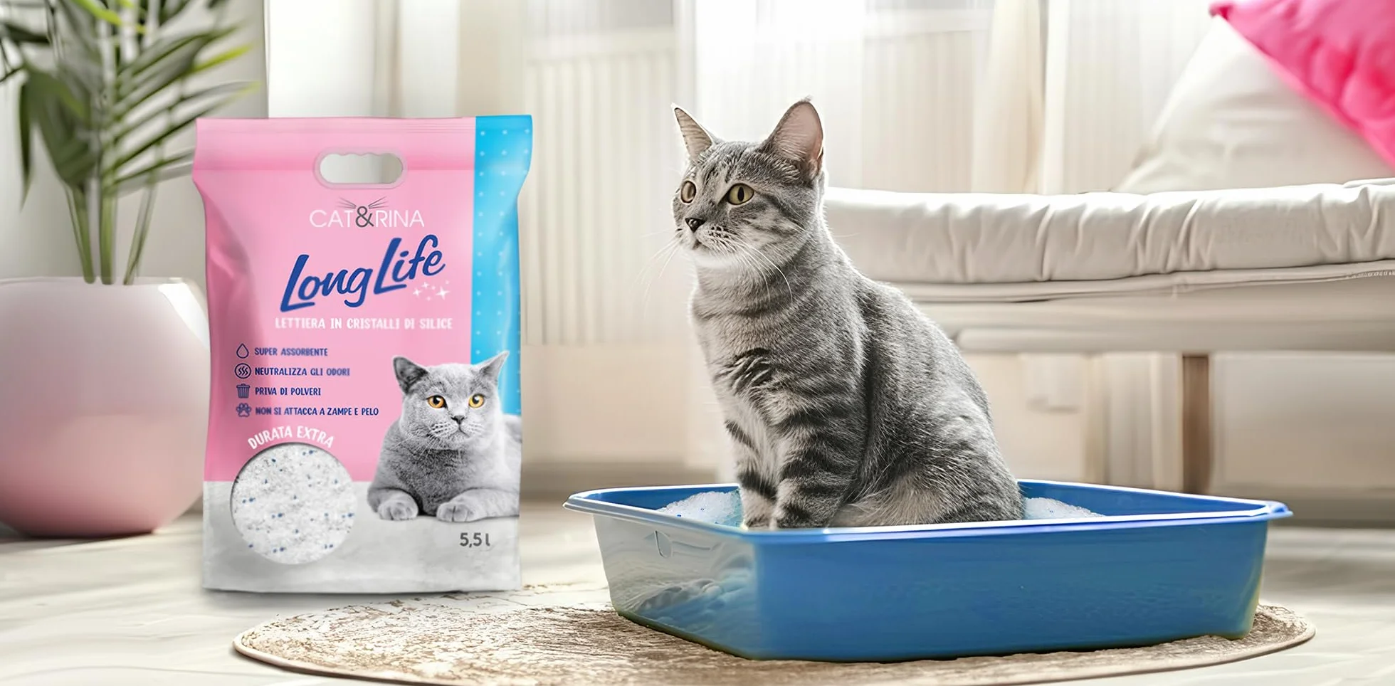 Cat&Rina Long Life Lettiera per Gatti ai Cristalli di Silicio Super Assorbente. Sabbia Priva di Polvere e Sicura fino a 30 giorni di utilizzo. Anti Odore,Profumazione Classica. Confezione da 5.5l
