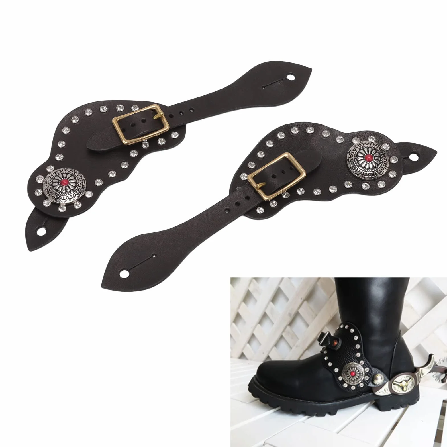 Fockety Cinghie di speroni, 9.8in Pelle di Mucca Robusto Durevole Chiusura in Metallo Lunghezza Regolabile Occidentale Spur Strap Western Vintage Spur Straps Western Womens