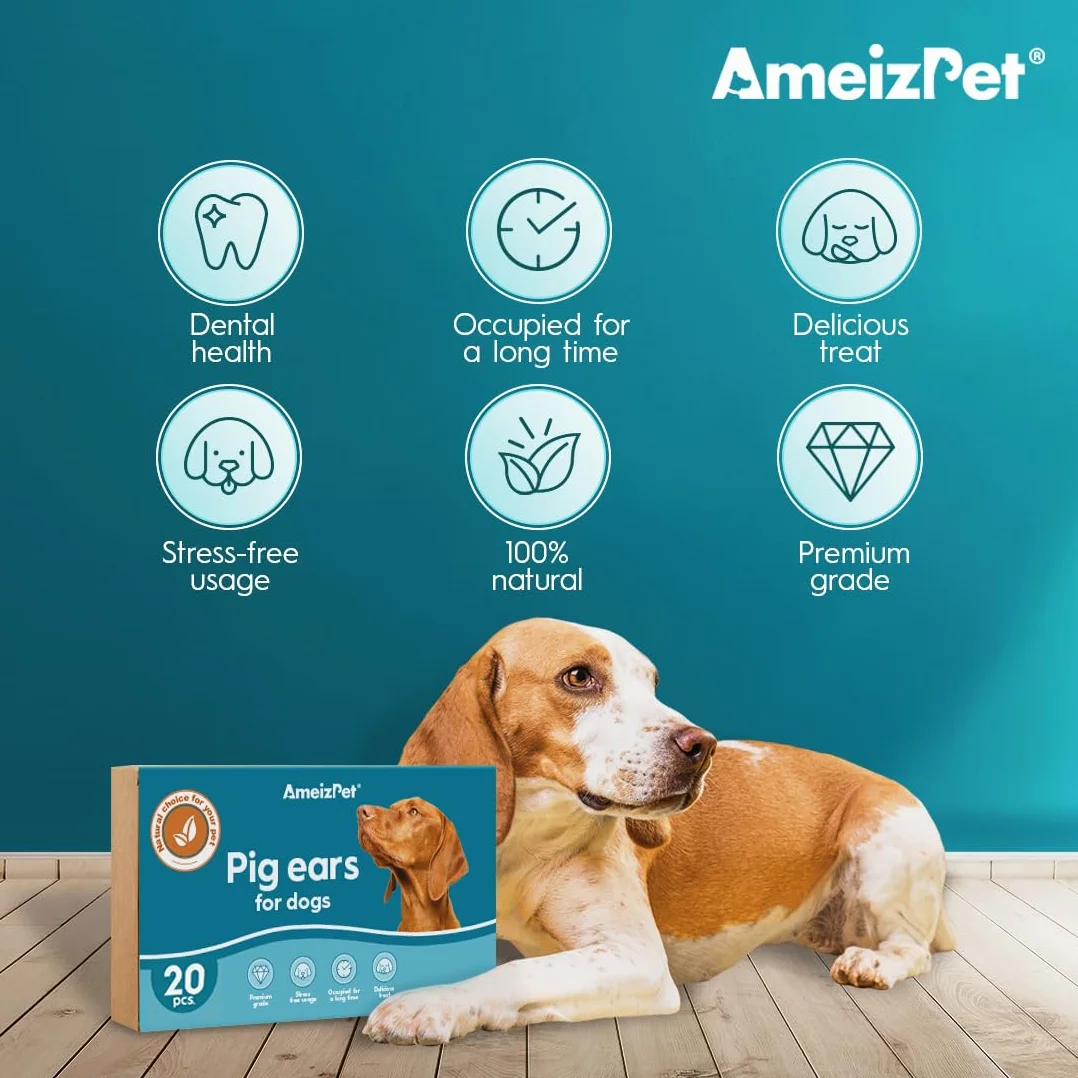 AmeizPet Orecchie Di Maiale Essiccate Per Cani, Masticativi Naturali Per Cani, Lunga Durata Croccanti Orecchie di Maiale, Dolcetto Per Cani 20 Pezzi