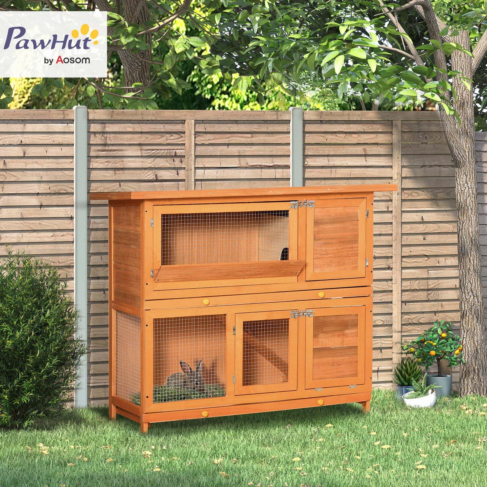 PawHut Conigliera da Esterno in Legno con Rampa a 2 Piani Casetta per Porcellini d'India e Gabbia Casetta per Conigli Animali Piccoli 122x48x100 cm