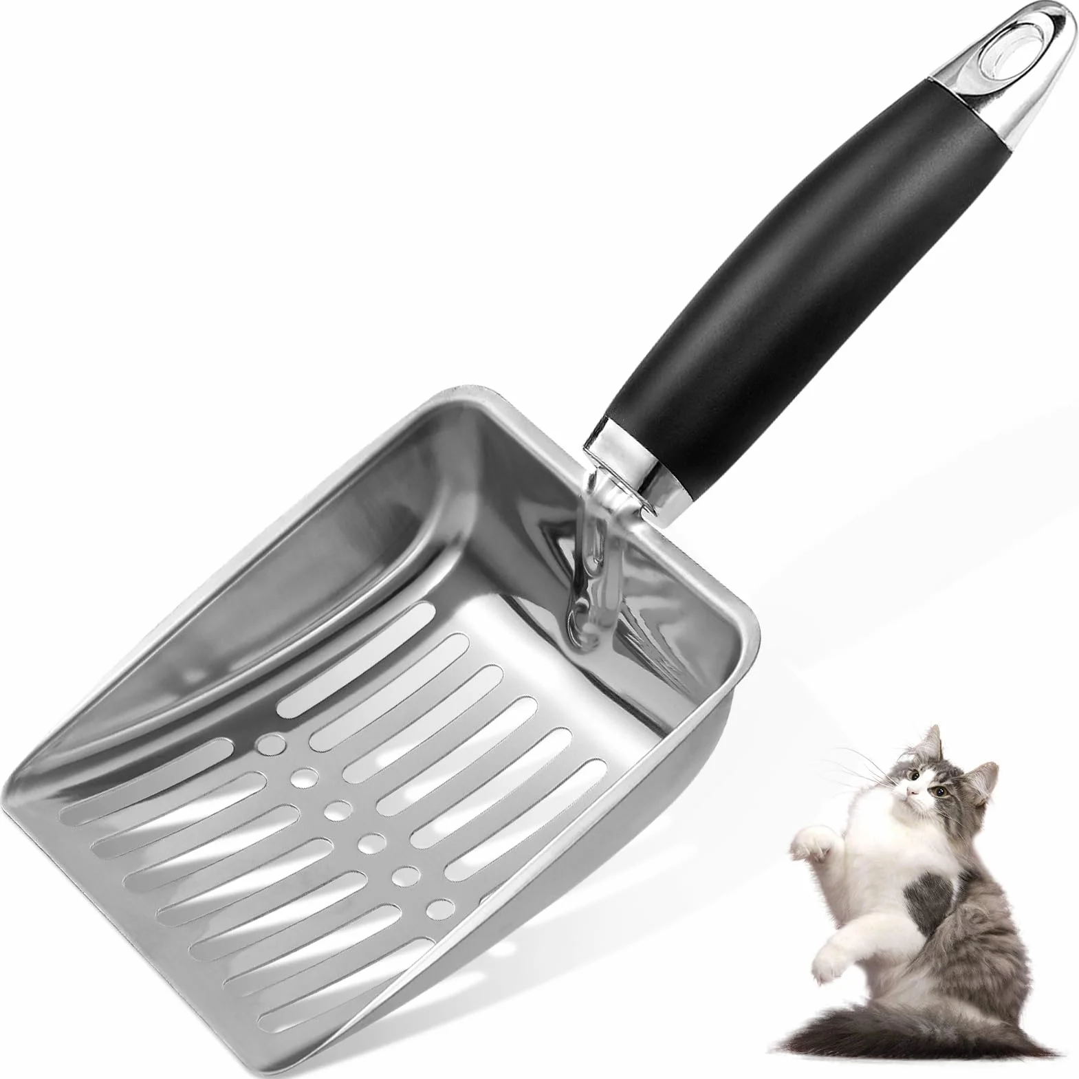Paletta per lettiera per Gatti in Acciaio Inox, Misura Media, in Metallo, Robusta Paletta in Rete, Facile da Pulire, Adatta per lettiera per Gatti, Colore Nero