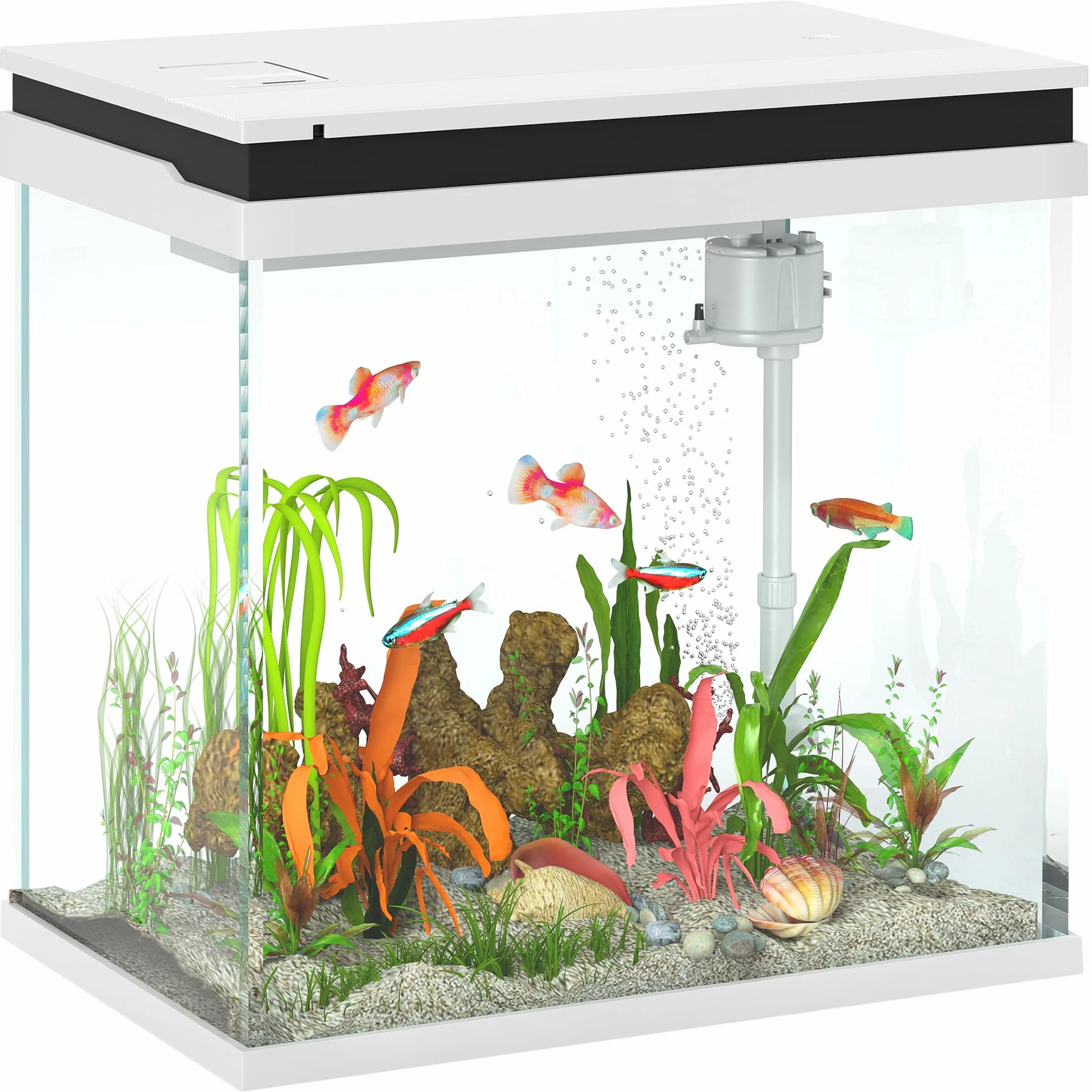 PawHut 26L Acquario in Vetro per Pesci Rossi con Pompa d'Acqua e Filtro, Acquario Completo con Illuminazione LED, Vaschetta per Pesci Acqua Tropicali, 38x26x38cm, Bianco