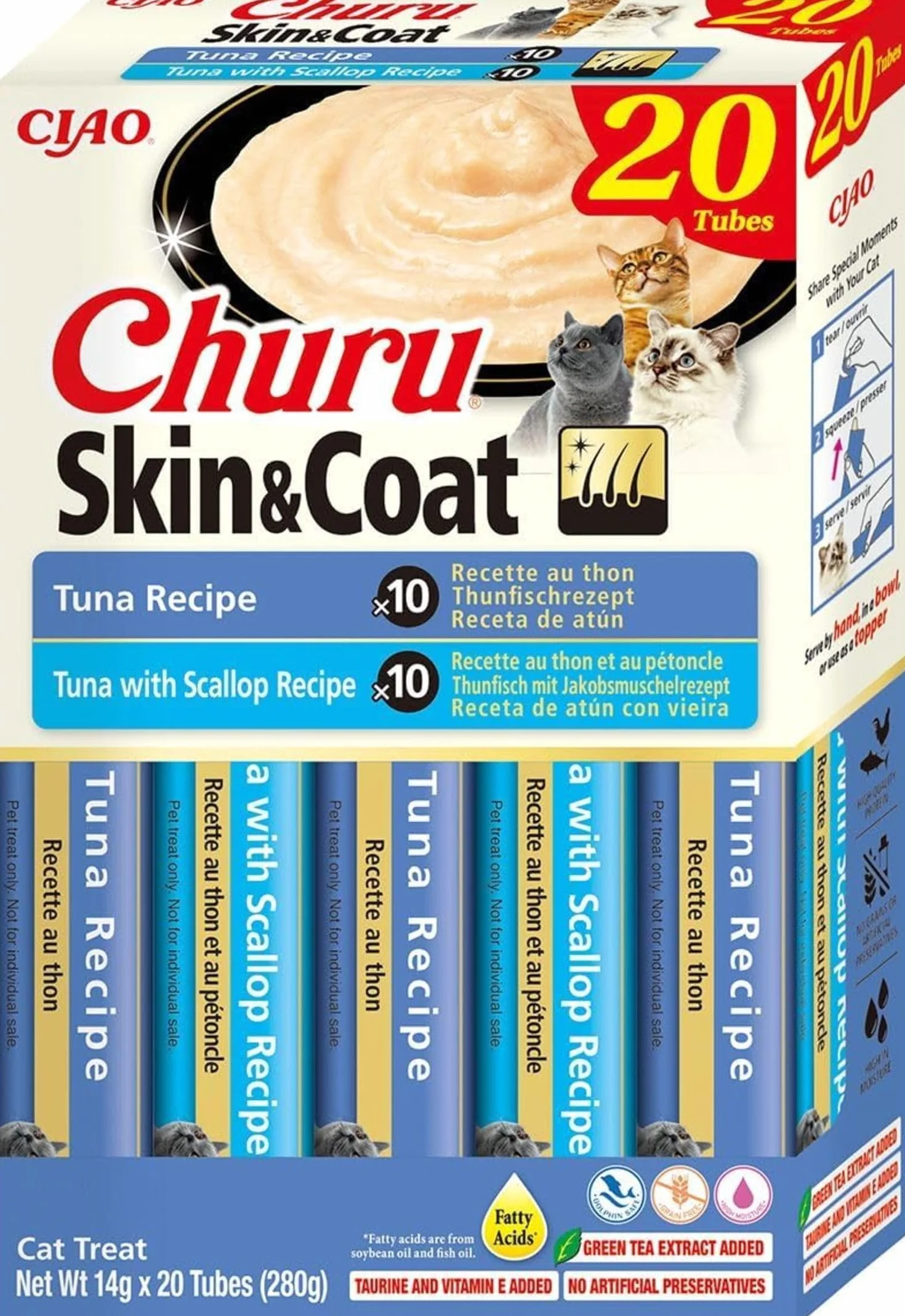 INABA Churu Skin & Coat Snack per Gatti Cremoso al Tonno 20 Stick x 14g con Omega 3 e 6, Taurina e Vitamina E