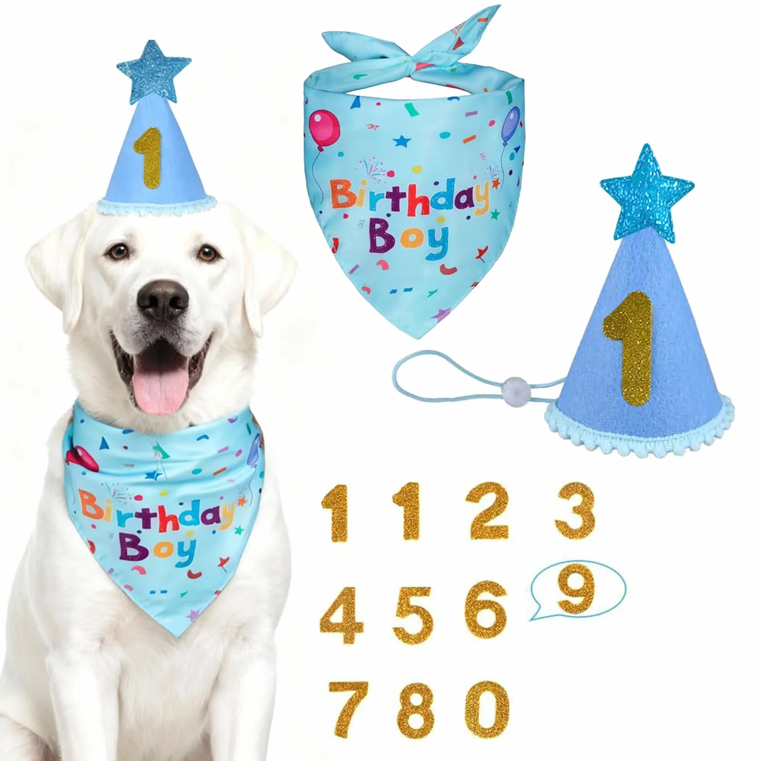 Cappello per Cani Compleanno con Bandana, 8 Numeri Bling Adesivi, Decorazioni Festa Cane 3 Pezzi