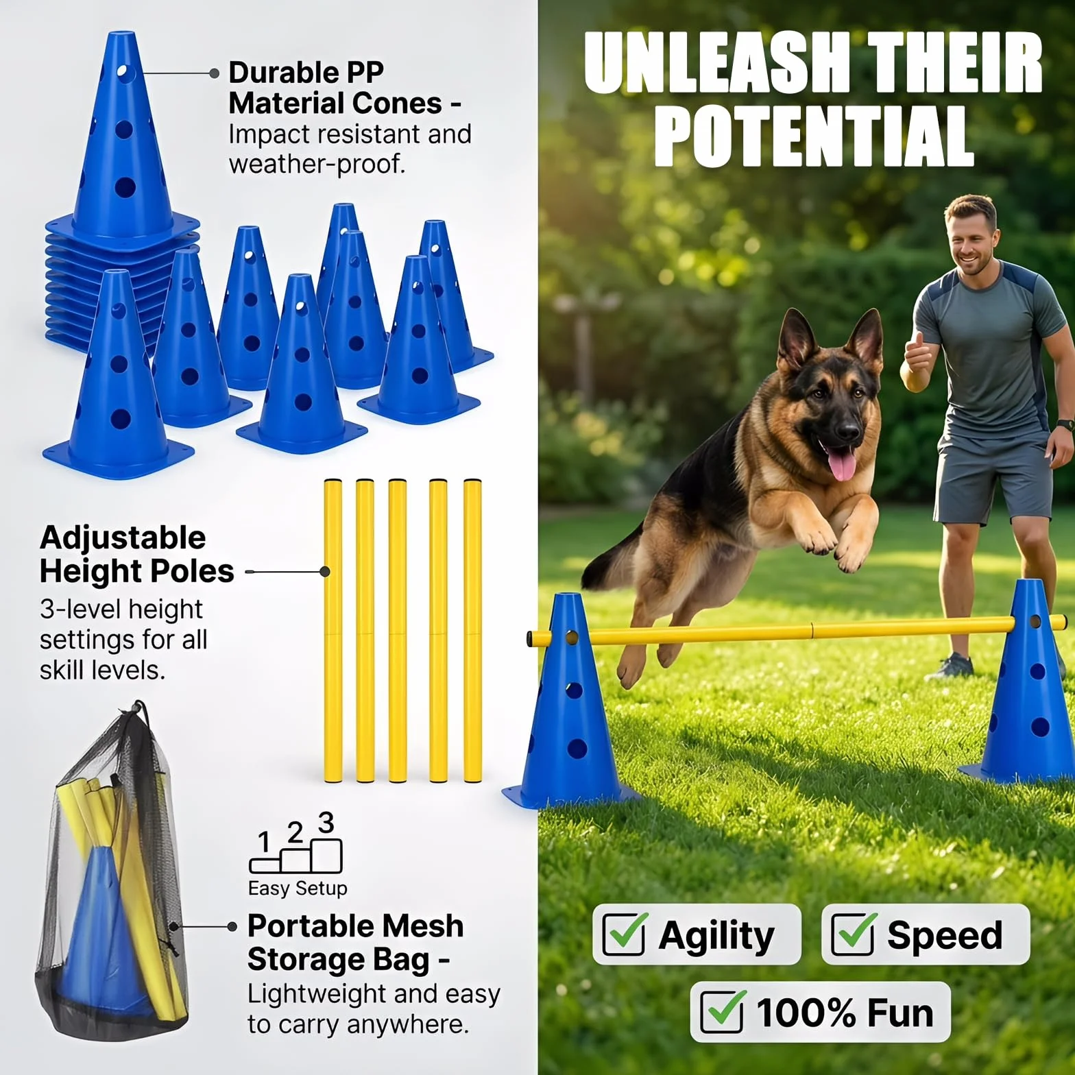 Kit Ostacoli Agility Impilabili, 10 Coni + 5 Barre (80cm) - Ostacoli Regolabili per Addestramento di Coordinazione per Bambini, Cani e Cavalli, Salti per Percorsi Cinofili ed Equitazione