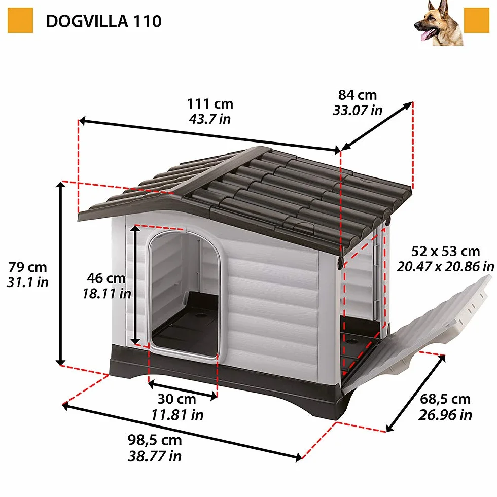 Ferplast DOGVILLA 110 Casetta per Cani, Lato Apribile, Fondo Sollevato Anti Umidità, Sistema Fuoriuscita Liquidi, Tetto Rimovibile, Porta Antimorso in Alluminio, Griglia Aerazione, 111 x 84 x h 79 cm