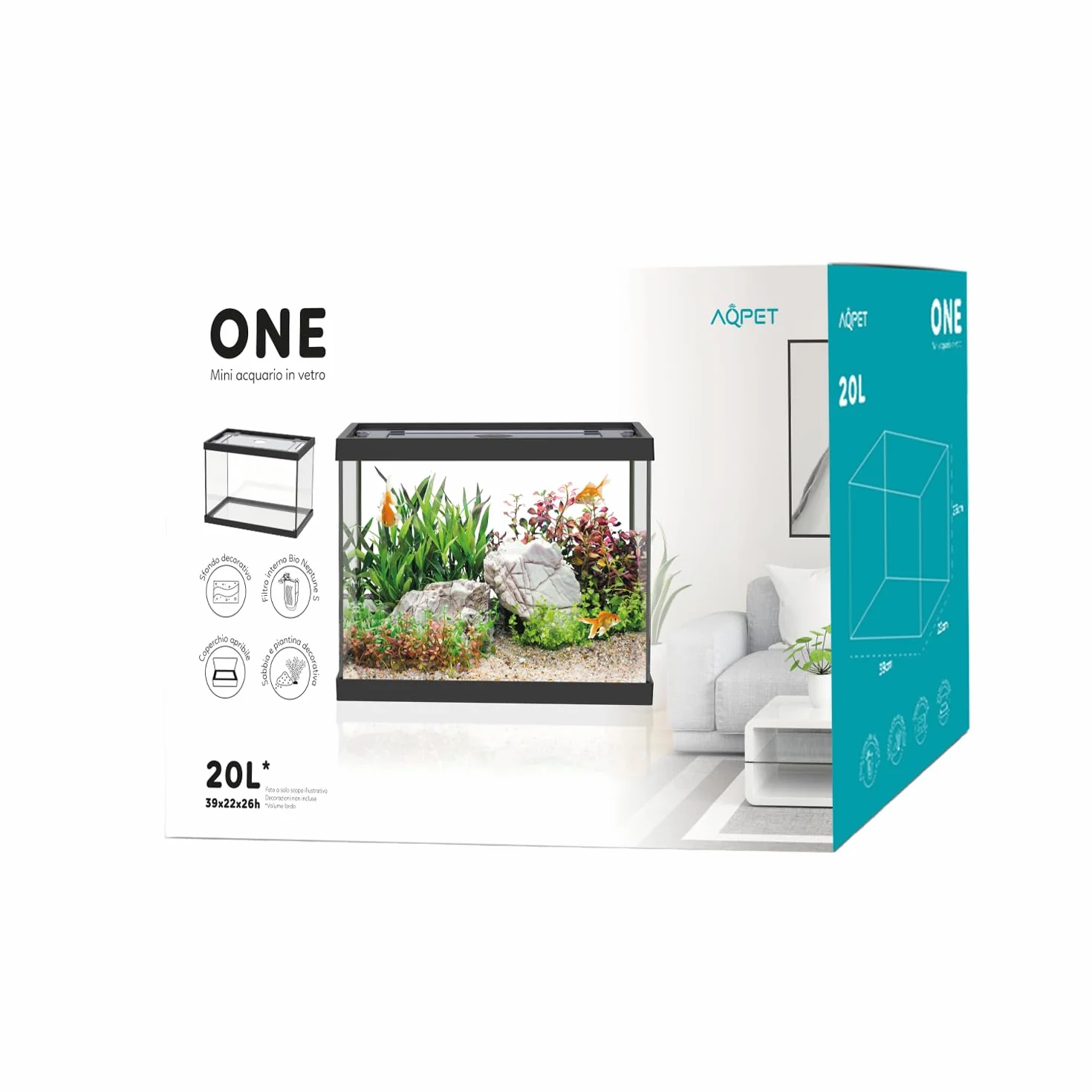 Acquario in Vetro ONE Completo di Accessori Filtro Sabbia Arredo Colore Nero 20 Litri