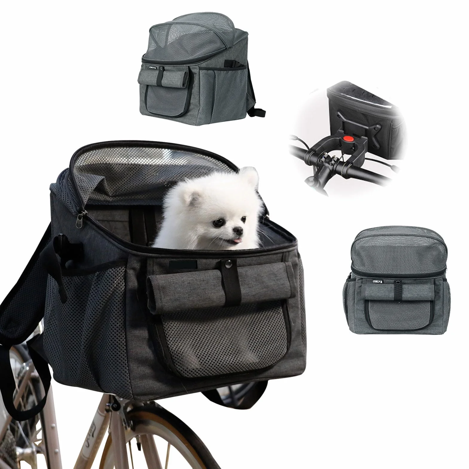 Cestino per Bicicletta Animale Domestico, Cestino Bicicletta Anteriore Cane con Adattatore per Manubrio Staccabile, Cinghie Regolabili, Rete Traspirante per Il Ciclismo Picnic Shopping (Nero)