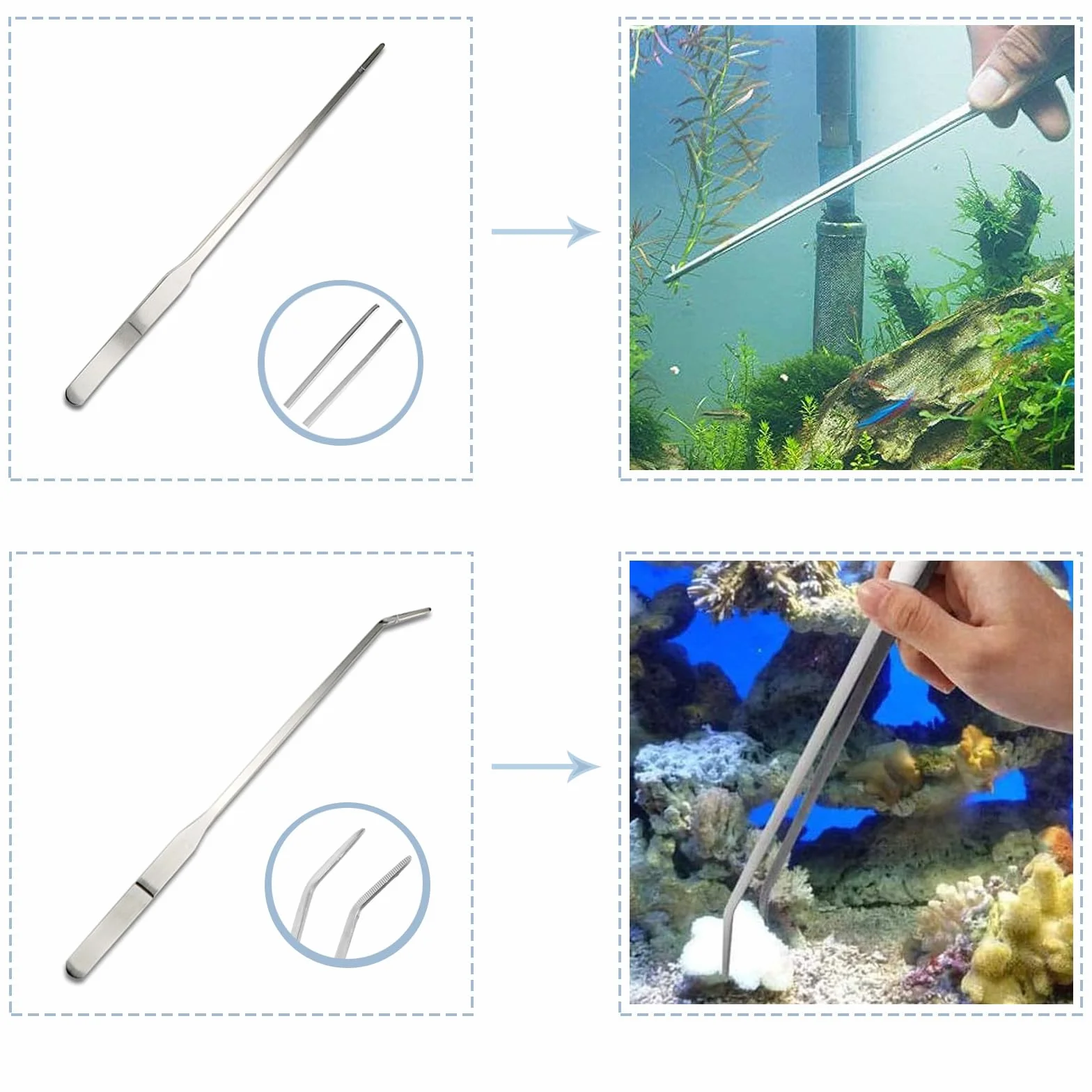 4 in 1 Attrezzi per Acquario Kit, Acciaio Inox Pulizia Acquario Kit Includere Raschietto, Pinzette e Forbici, Accessori per La Pulizia di Acquari per la Pulizia di Pesci e Piante Acquatiche