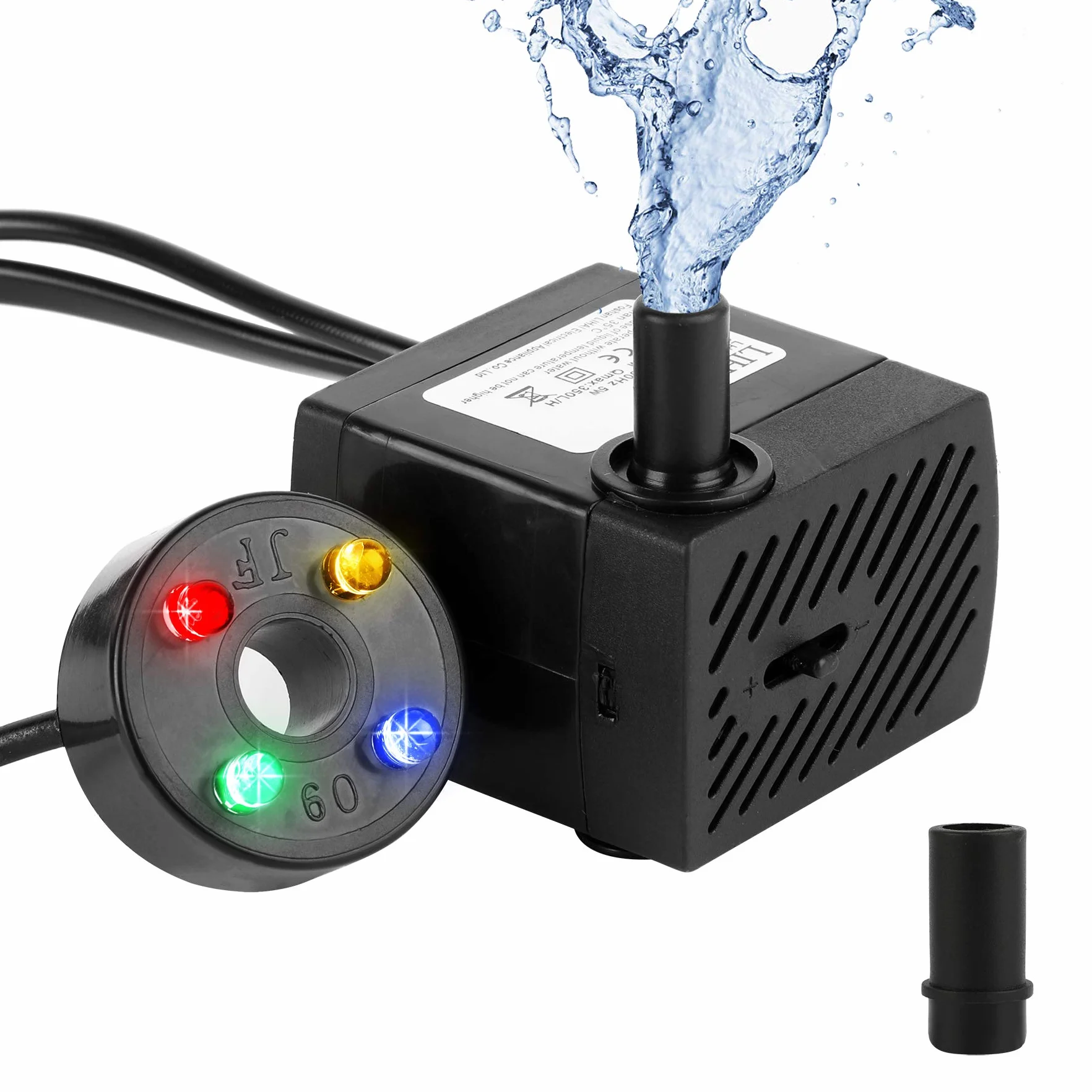Mini pompa dell'acqua con 4 luci LED, 350 l/h 3,5 W, pompa dell'acqua per giardino, fontana, giardino roccioso, pompa per acquario, pompa sommergibile, altezza massima 0,85 m